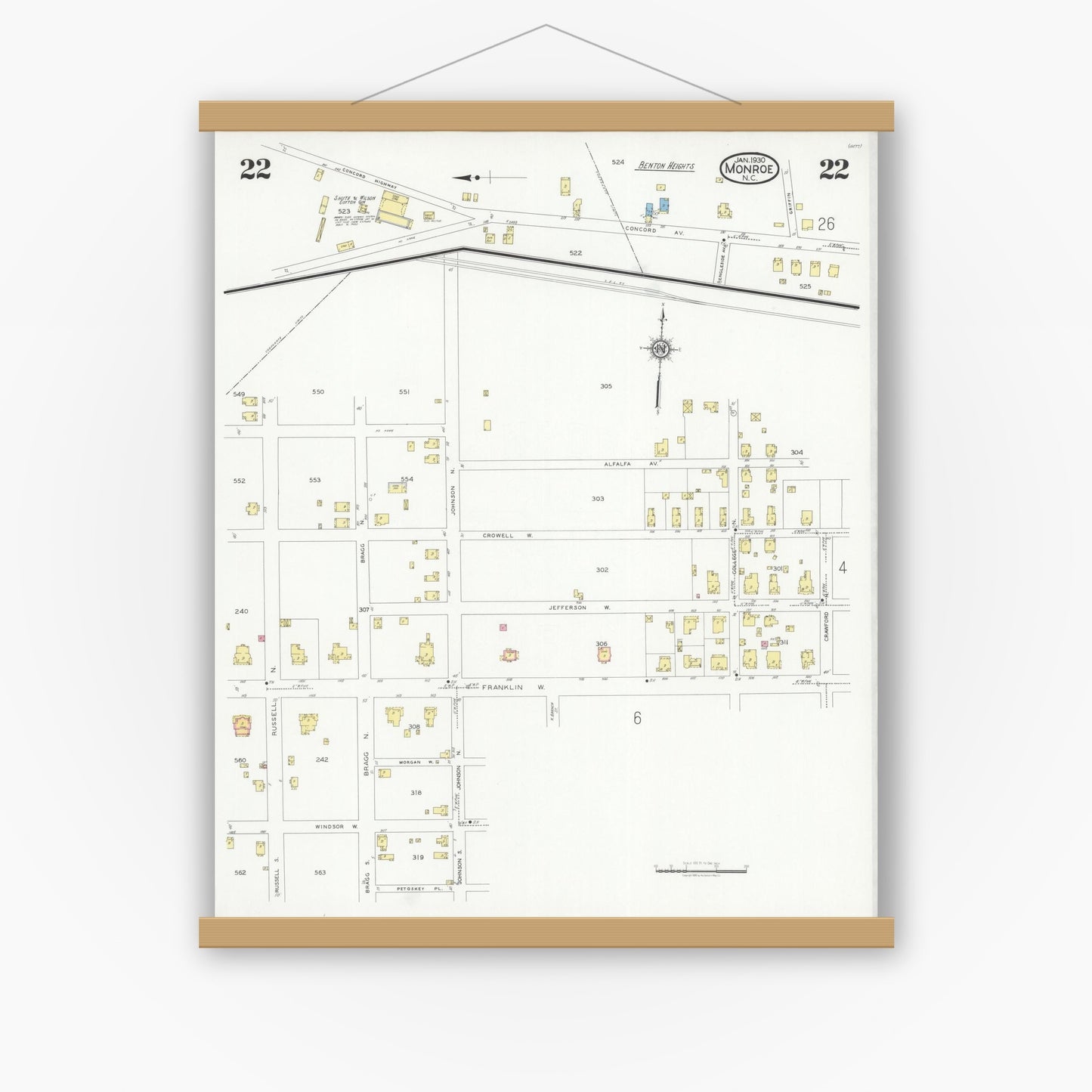 Old map wall art mockup — magnetic wood frame on white wall — Sanborn Fire Insurance Map from Monroe, Union County, North Carolina (1930), Sheet #0022