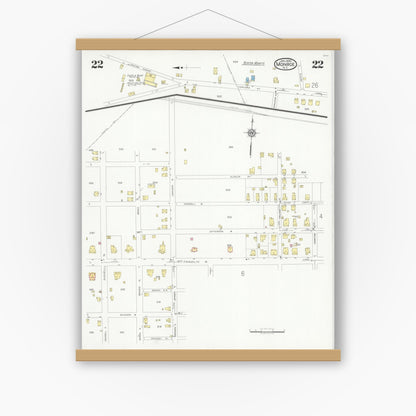Old map wall art mockup — magnetic wood frame on white wall — Sanborn Fire Insurance Map from Monroe, Union County, North Carolina (1930), Sheet #0022