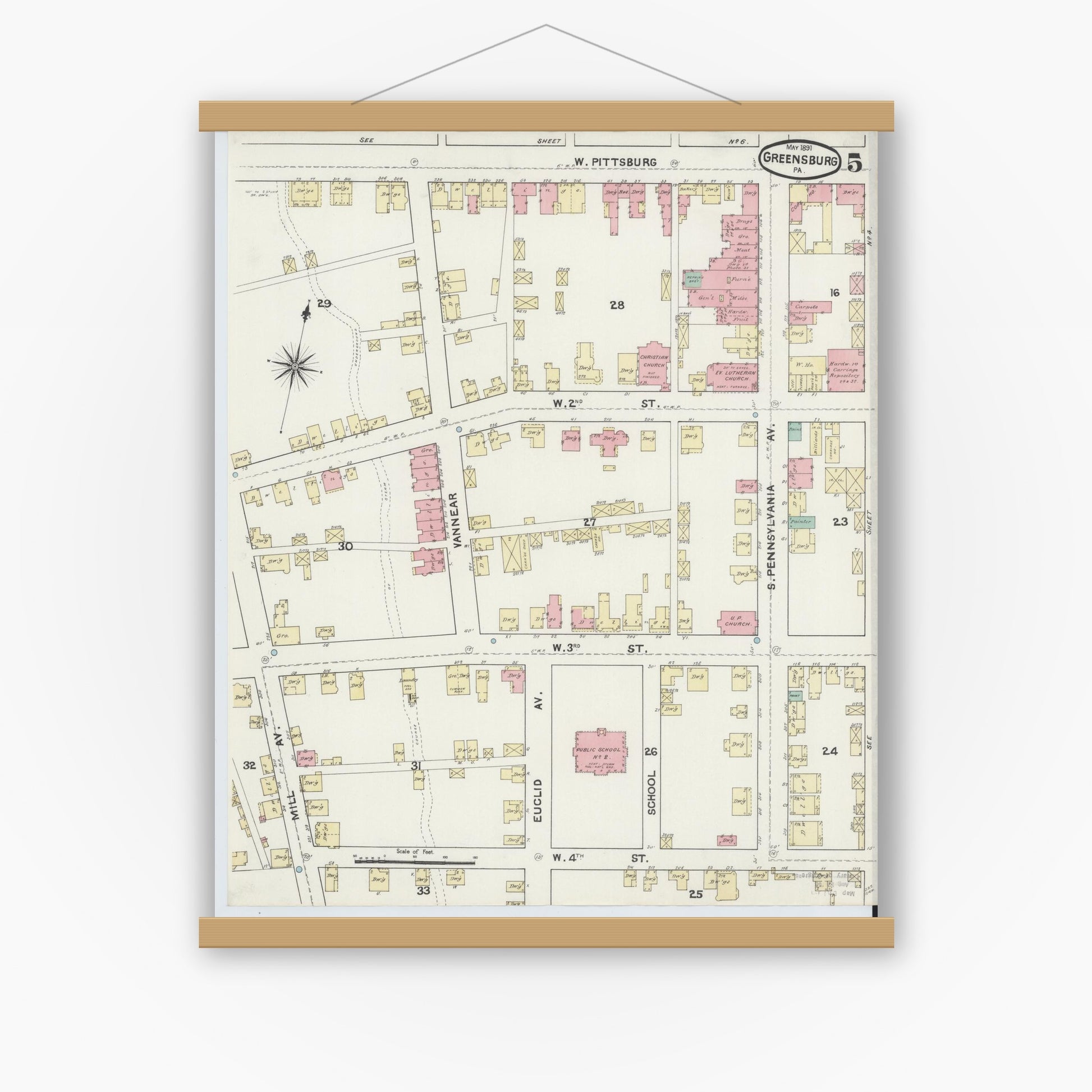 Old map wall art mockup — magnetic wood frame on white wall — Sanborn Fire Insurance Map from Greensburg, Westmoreland County, Pennsylvania (1891), Sheet #0005