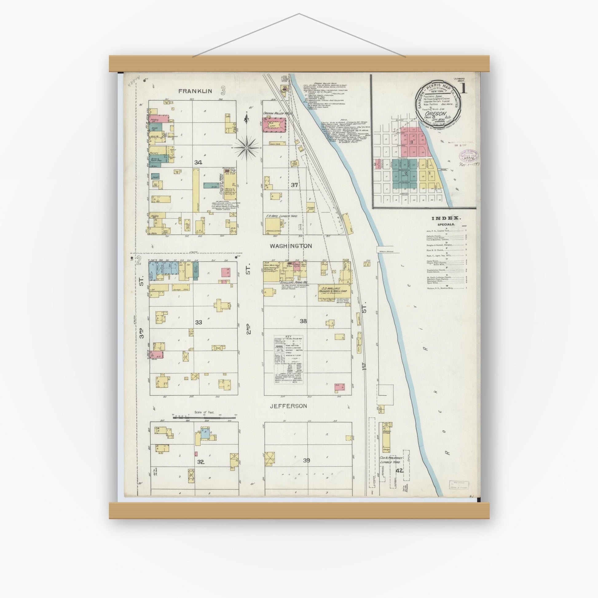 Old map wall art mockup — magnetic wood frame on white wall — Sanborn Fire Insurance Map from Oregon, Ogle County, Illinois (1893), Sheet #0001