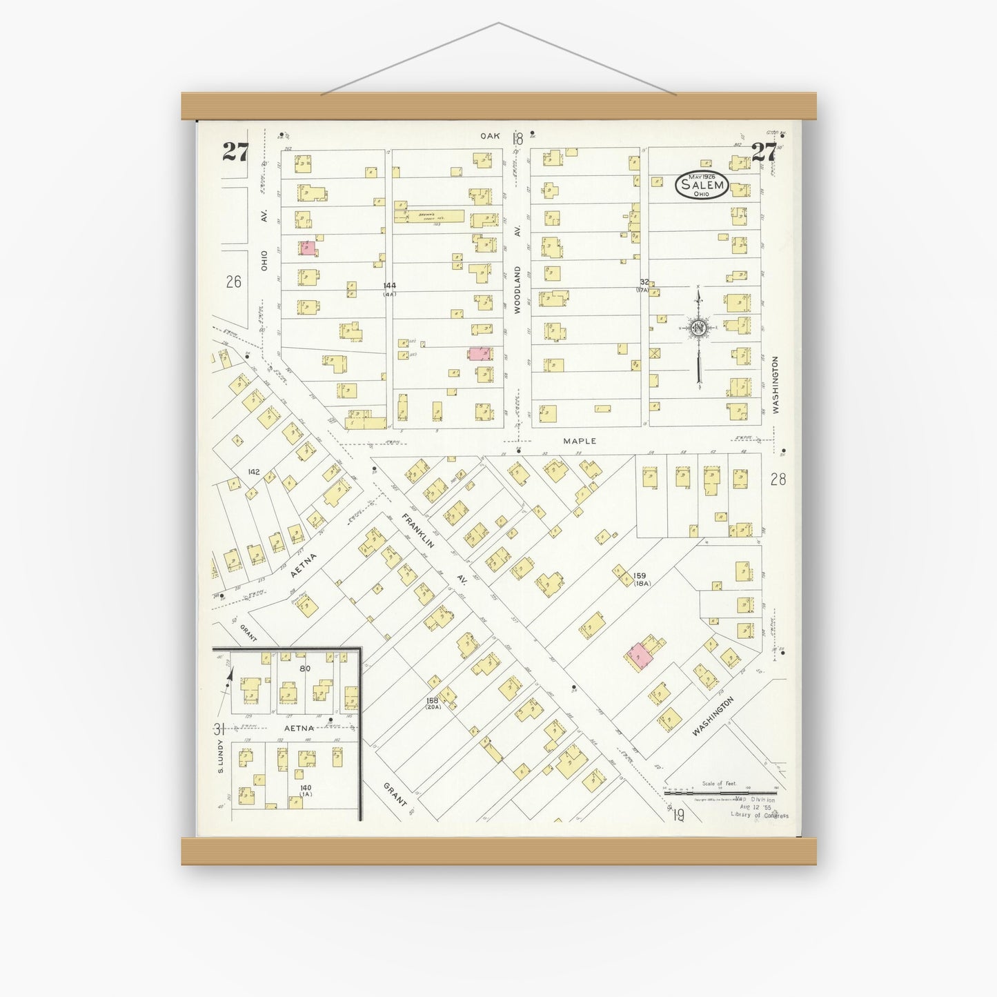 Old map wall art mockup — magnetic wood frame on white wall — Sanborn Fire Insurance Map from Salem, Columbiana County, Ohio (1926), Sheet #0027