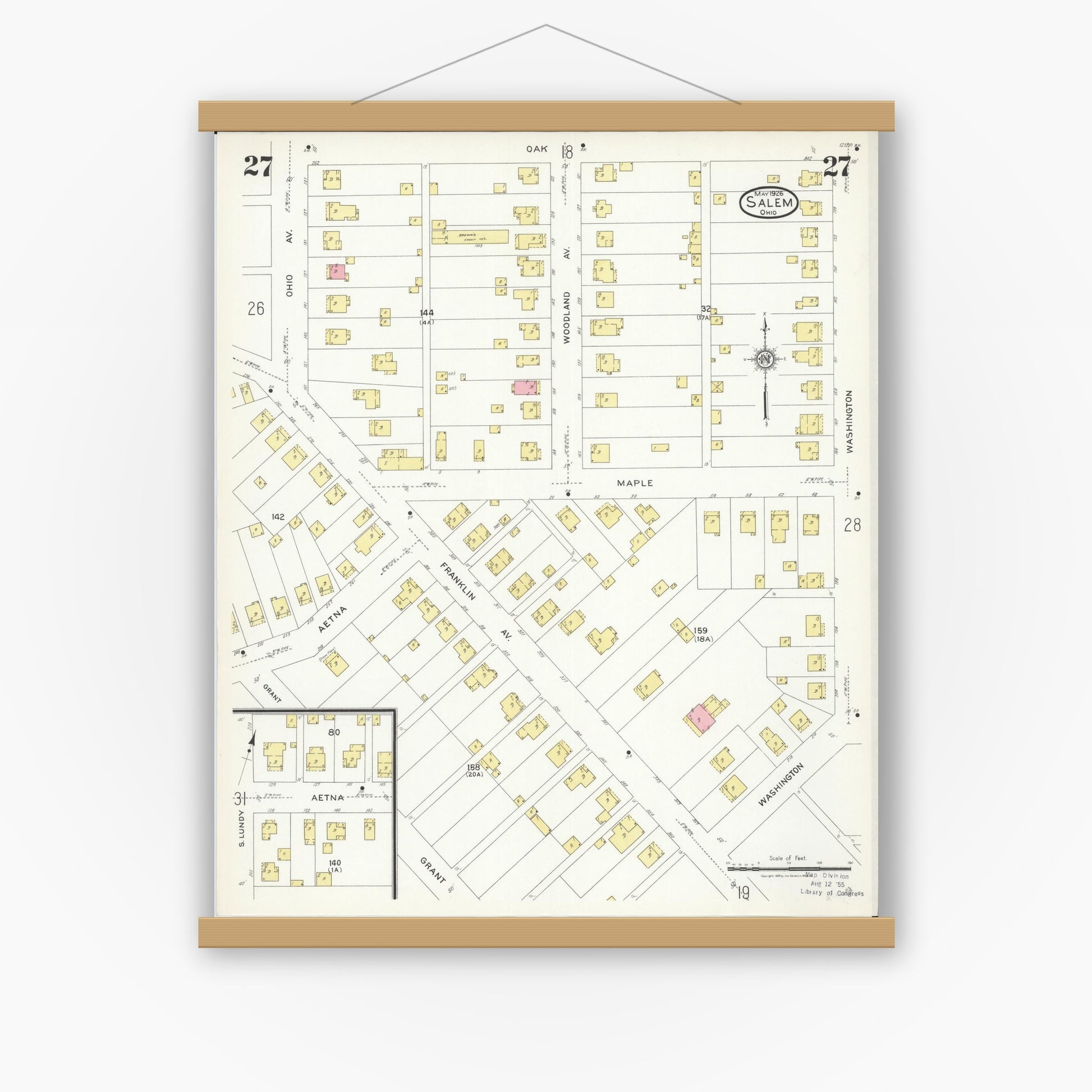 Old map wall art mockup — magnetic wood frame on white wall — Sanborn Fire Insurance Map from Salem, Columbiana County, Ohio (1926), Sheet #0027