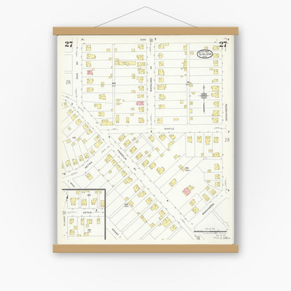 Old map wall art mockup — magnetic wood frame on white wall — Sanborn Fire Insurance Map from Salem, Columbiana County, Ohio (1926), Sheet #0027