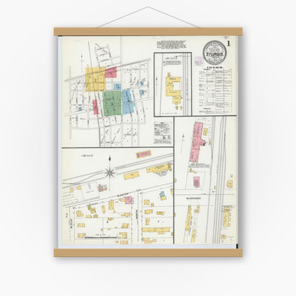 Old map wall art mockup — magnetic wood frame on white wall — Sanborn Fire Insurance Map from Sturgis, Saint Joseph County, Michigan (1904) - Complete Map Set