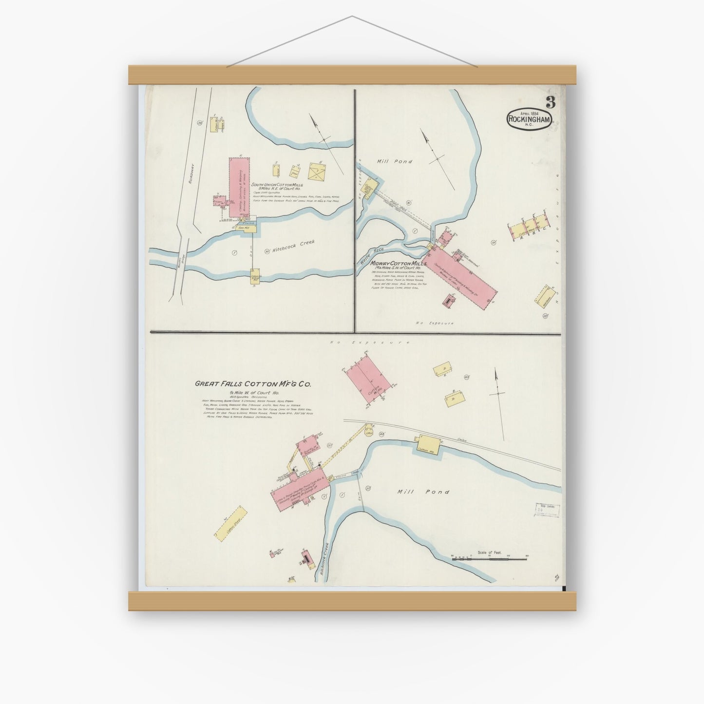 Old map wall art mockup — magnetic wood frame on white wall — Sanborn Fire Insurance Map from Rockingham, Richmond County, North Carolina (1894), Sheet #0003