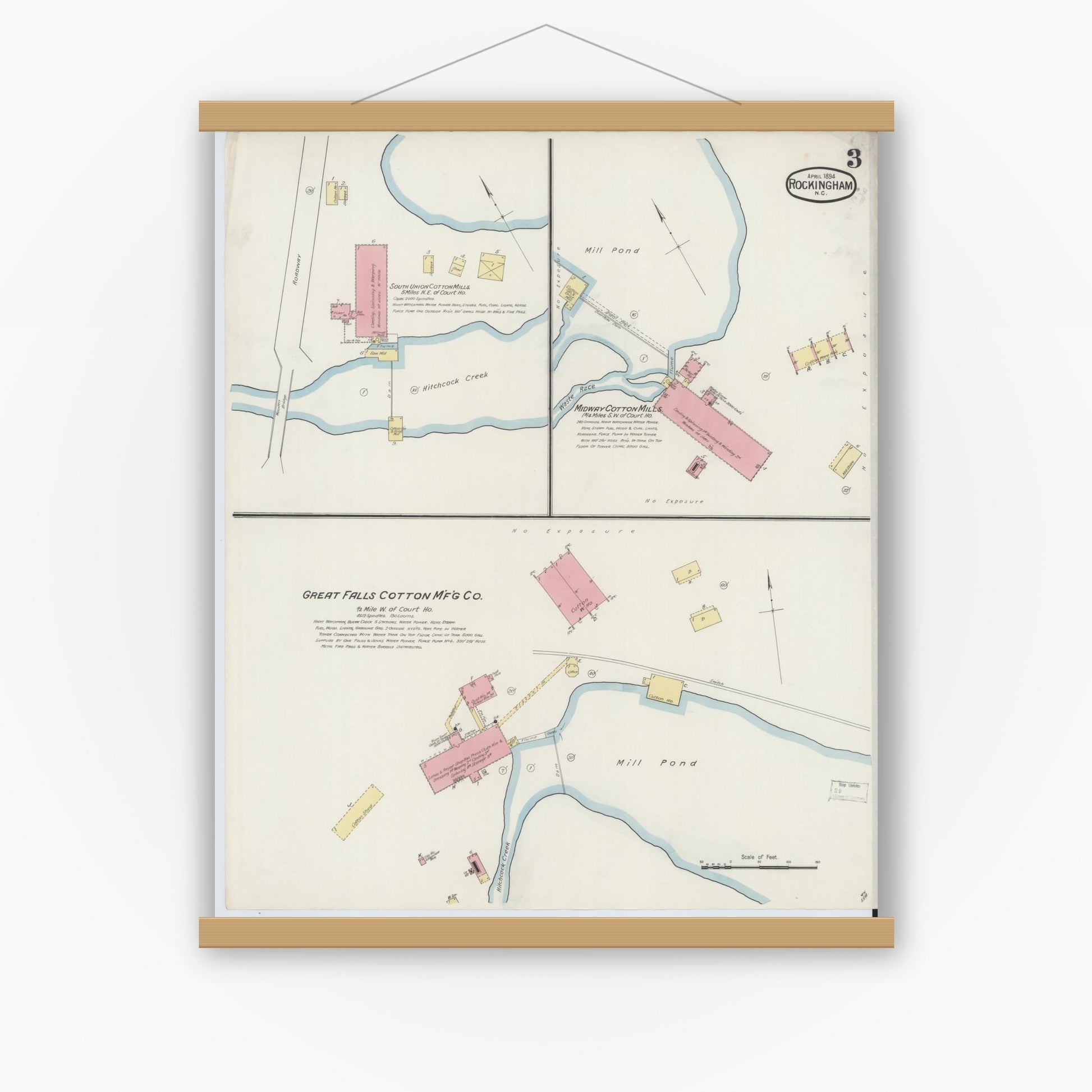 Old map wall art mockup — magnetic wood frame on white wall — Sanborn Fire Insurance Map from Rockingham, Richmond County, North Carolina (1894), Sheet #0003