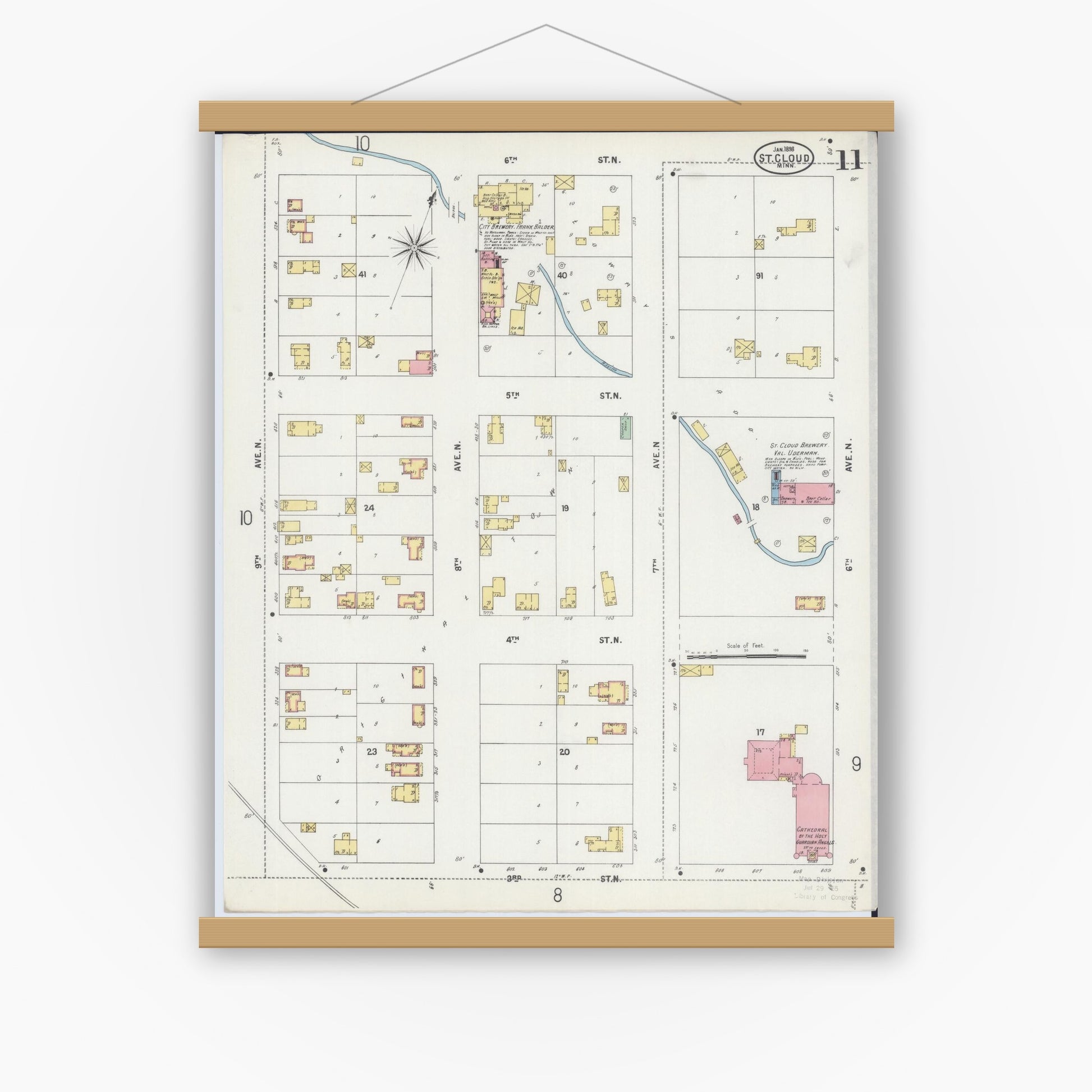 Old map wall art mockup — magnetic wood frame on white wall — Sanborn Fire Insurance Map from Saint Cloud, Stearns, Benton, and Sherburne Counties, Minnesota (1898), Sheet #0011