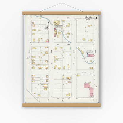 Old map wall art mockup — magnetic wood frame on white wall — Sanborn Fire Insurance Map from Saint Cloud, Stearns, Benton, and Sherburne Counties, Minnesota (1898), Sheet #0011
