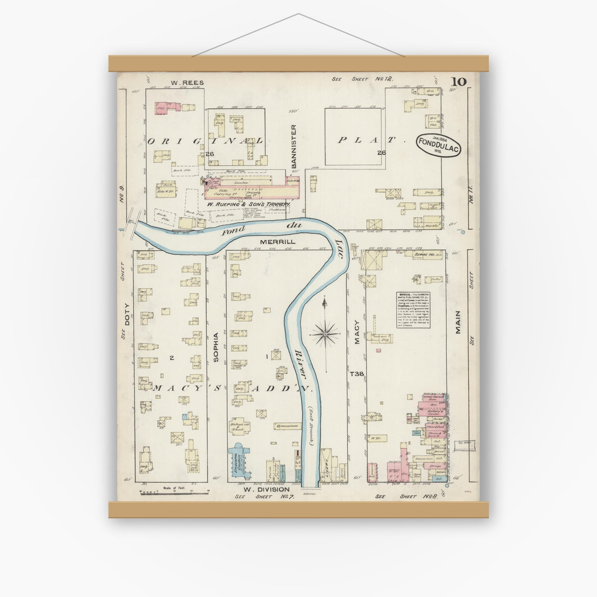 Old map wall art mockup — magnetic wood frame on white wall — Sanborn Fire Insurance Map from Fond du Lac, Fond du Lac County, Wisconsin (1884), Sheet #0010