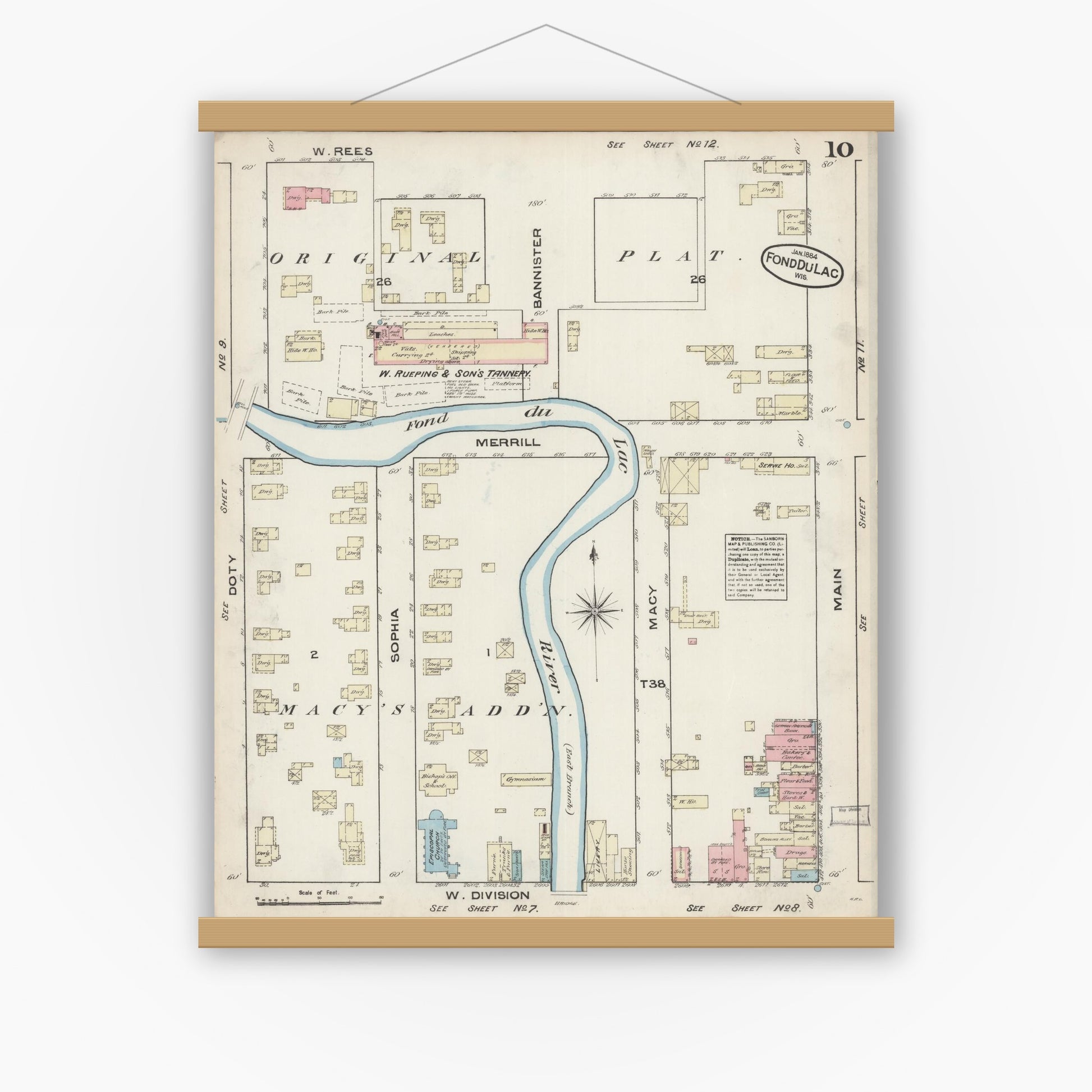 Old map wall art mockup — magnetic wood frame on white wall — Sanborn Fire Insurance Map from Fond du Lac, Fond du Lac County, Wisconsin (1884), Sheet #0010