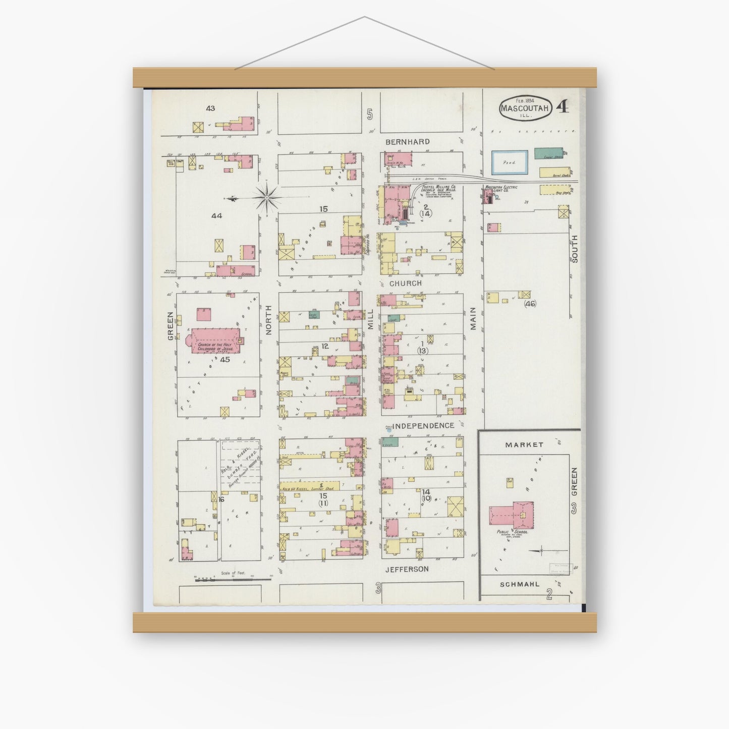 Old map wall art mockup — magnetic wood frame on white wall — Sanborn Fire Insurance Map from Mascoutah, Saint Clair County, Illinois (1894), Sheet #0004