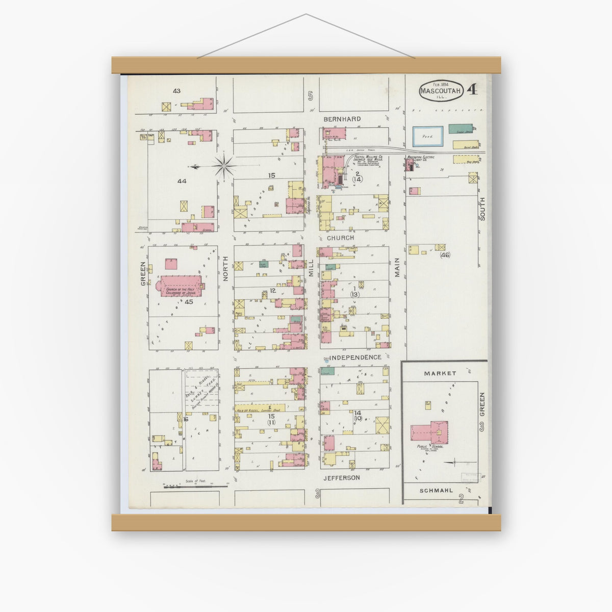 Old map wall art mockup — magnetic wood frame on white wall — Sanborn Fire Insurance Map from Mascoutah, Saint Clair County, Illinois (1894), Sheet #0004