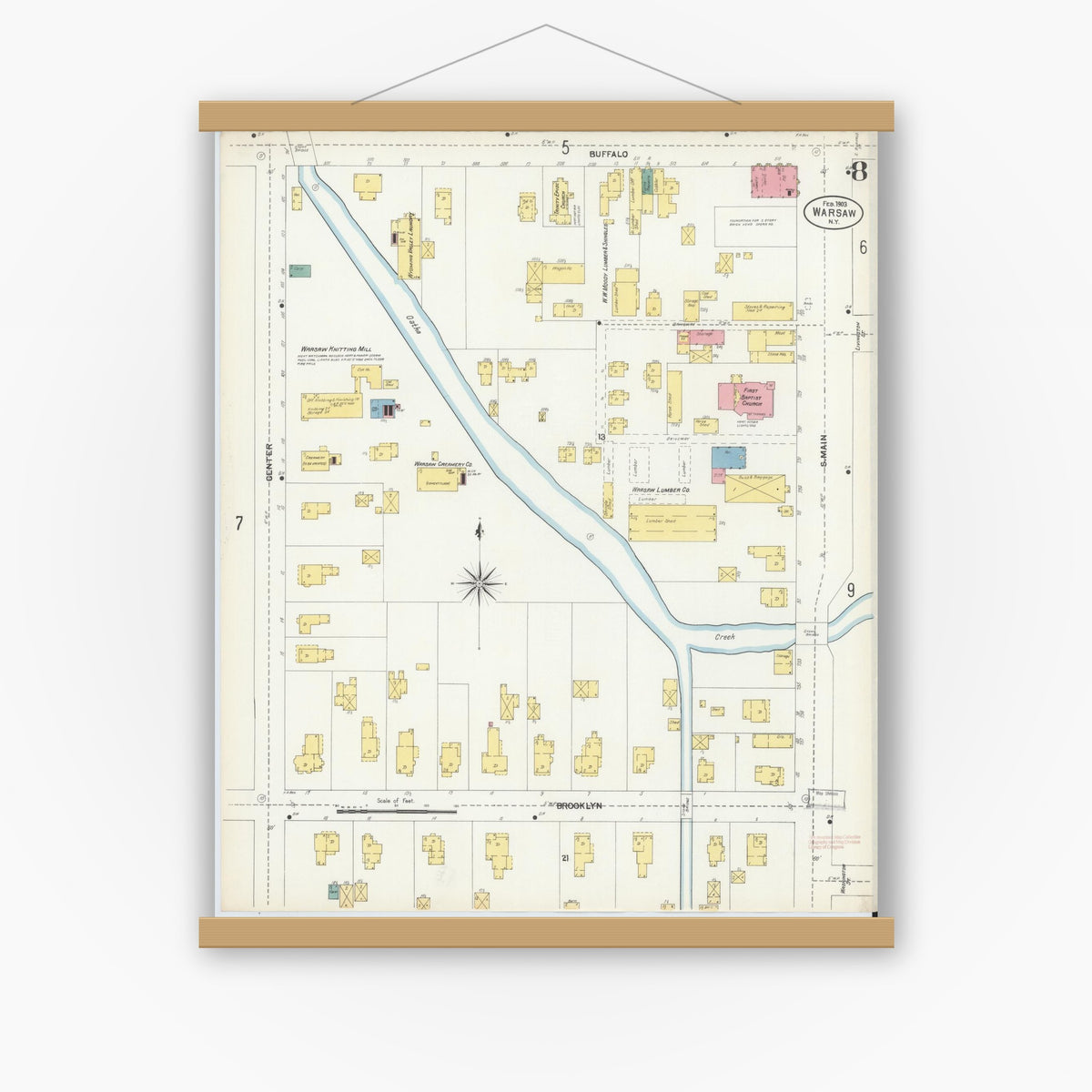 Old map wall art mockup — magnetic wood frame on white wall — Sanborn Fire Insurance Map from Warsaw, Wyoming County, New York (1903), Sheet #0008