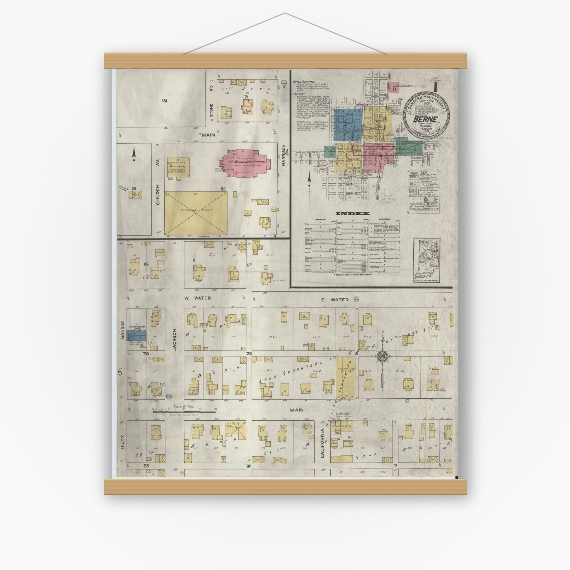 Old map wall art mockup — magnetic wood frame on white wall — Sanborn Fire Insurance Map from Berne, Adams County, Indiana (1919), Sheet #0001