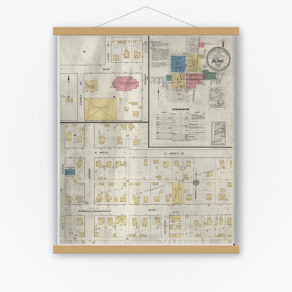Old map wall art mockup — magnetic wood frame on white wall — Sanborn Fire Insurance Map from Berne, Adams County, Indiana (1919), Sheet #0001