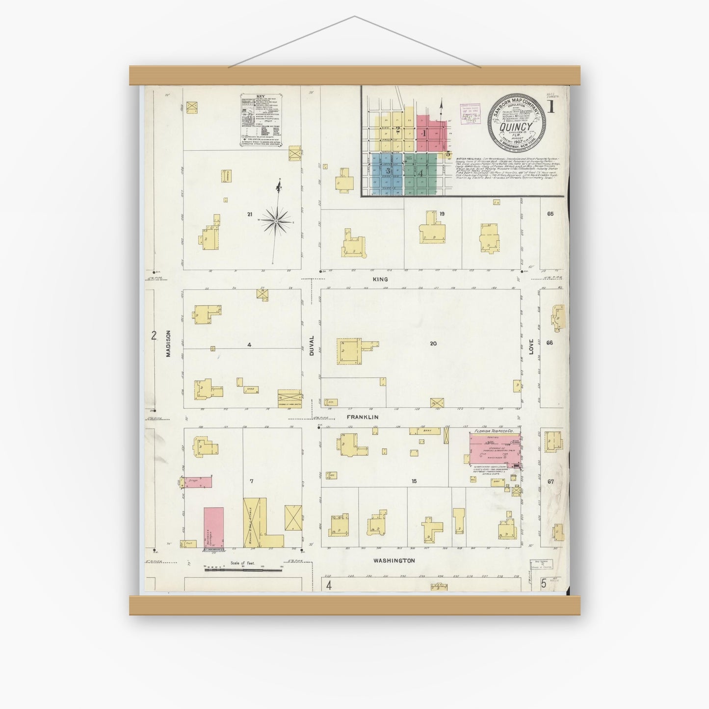 Old map wall art mockup — magnetic wood frame on white wall — Sanborn Fire Insurance Map from Quincy, Gadsden County, Florida (1907) - Complete Map Set