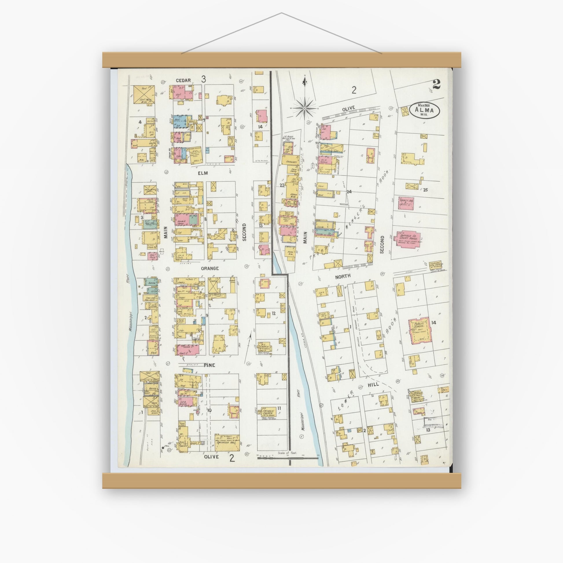 Old map wall art mockup — magnetic wood frame on white wall — Sanborn Fire Insurance Map from Alma, Buffalo County, Wisconsin (1900) - Complete Map Set