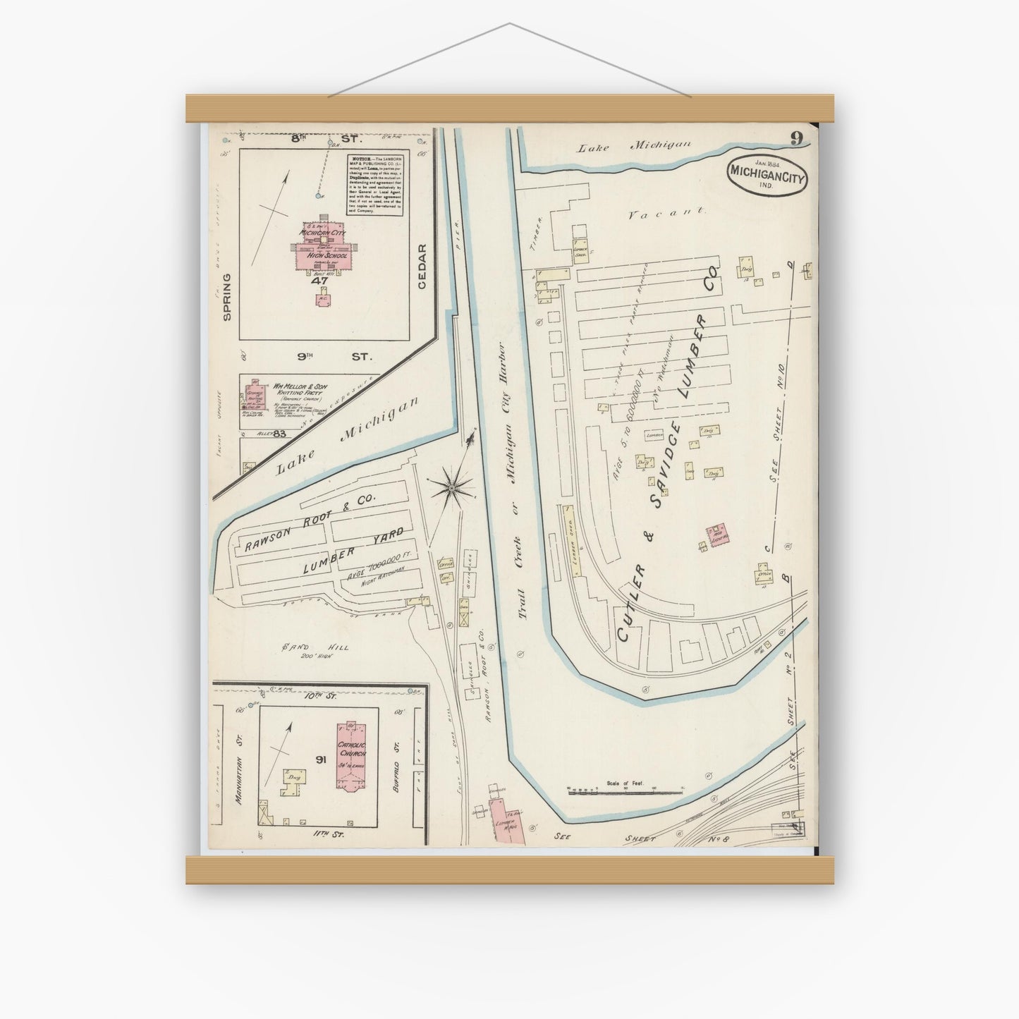 Old map wall art mockup — magnetic wood frame on white wall — Sanborn Fire Insurance Map from Michigan City, La Porte  County, Indiana (1884), Sheet #0009