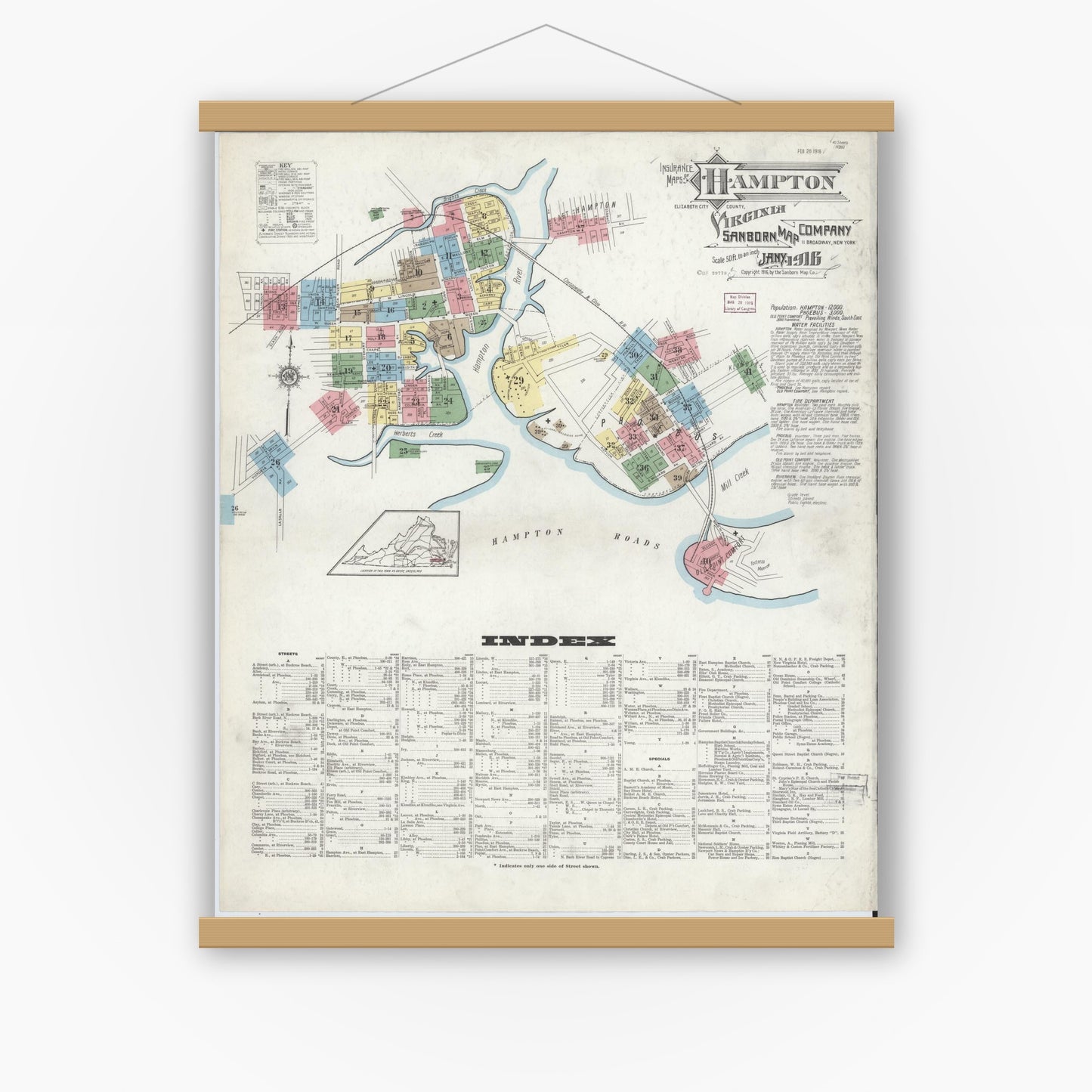 Old map wall art mockup — magnetic wood frame on white wall — Sanborn Fire Insurance Map from Hampton, Independent Cities, Virginia (1916) - Complete Map Set