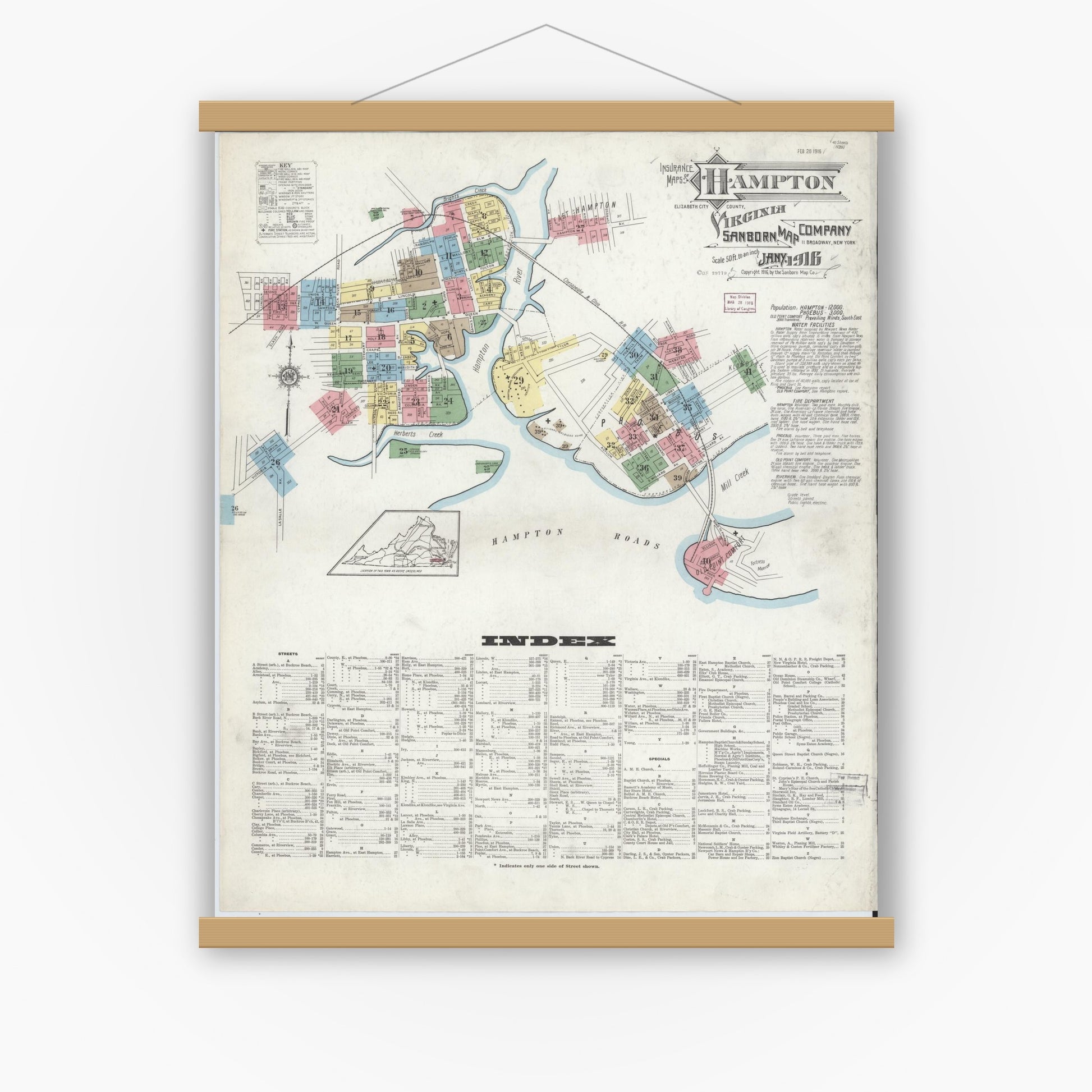 Old map wall art mockup — magnetic wood frame on white wall — Sanborn Fire Insurance Map from Hampton, Independent Cities, Virginia (1916) - Complete Map Set