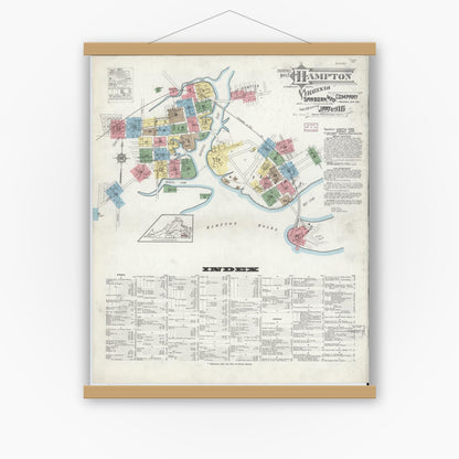 Old map wall art mockup — magnetic wood frame on white wall — Sanborn Fire Insurance Map from Hampton, Independent Cities, Virginia (1916) - Complete Map Set