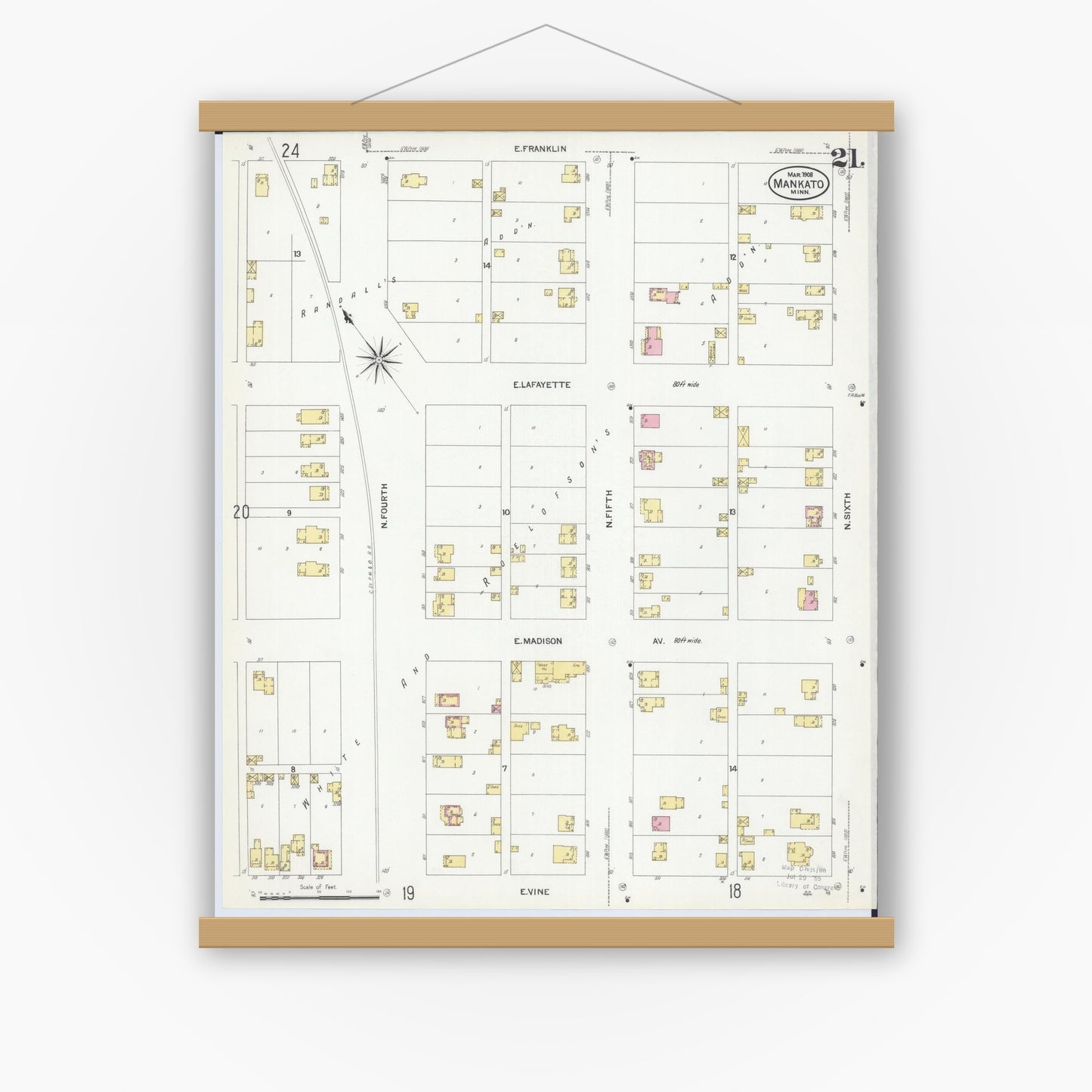 Old map wall art mockup — magnetic wood frame on white wall — Sanborn Fire Insurance Map from Mankato, Blue Earth County, Minnesota (1908), Sheet #0021