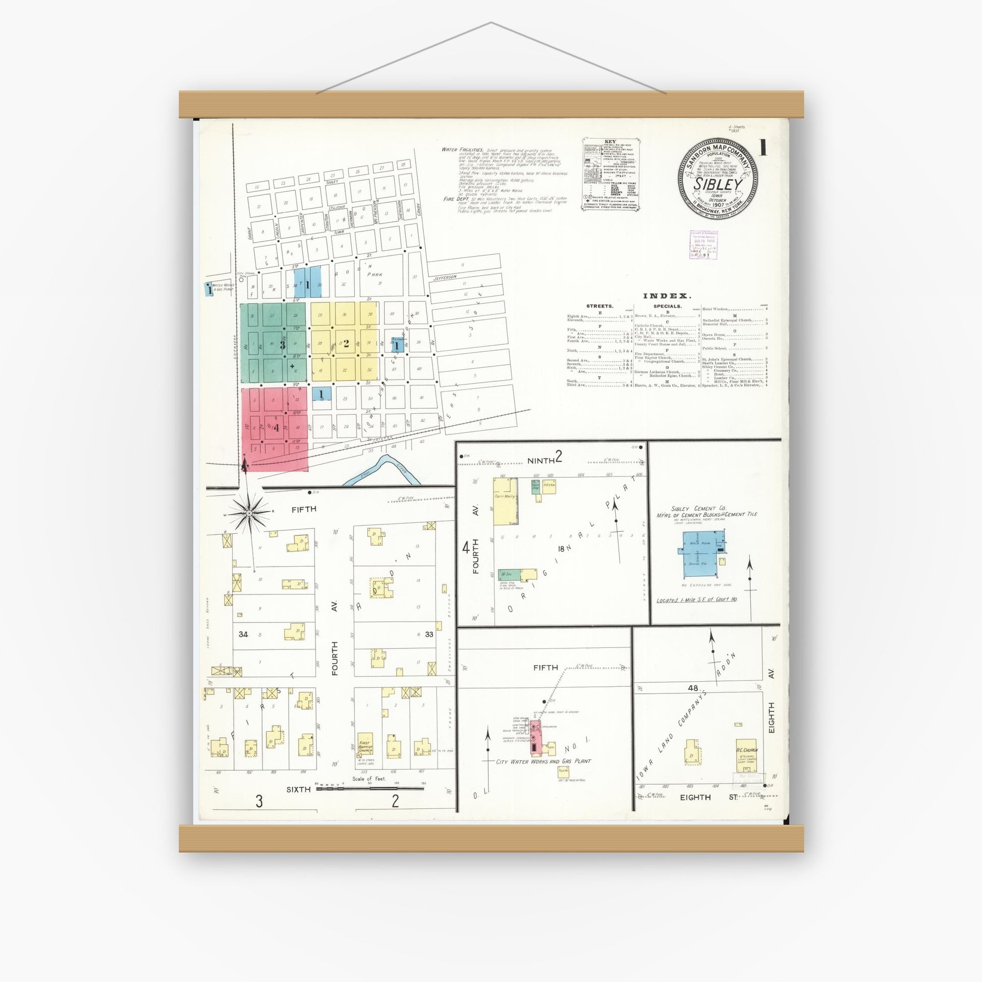 Old map wall art mockup — magnetic wood frame on white wall — Sanborn Fire Insurance Map from Sibley, Osceola County, Iowa (1907), Sheet #0001