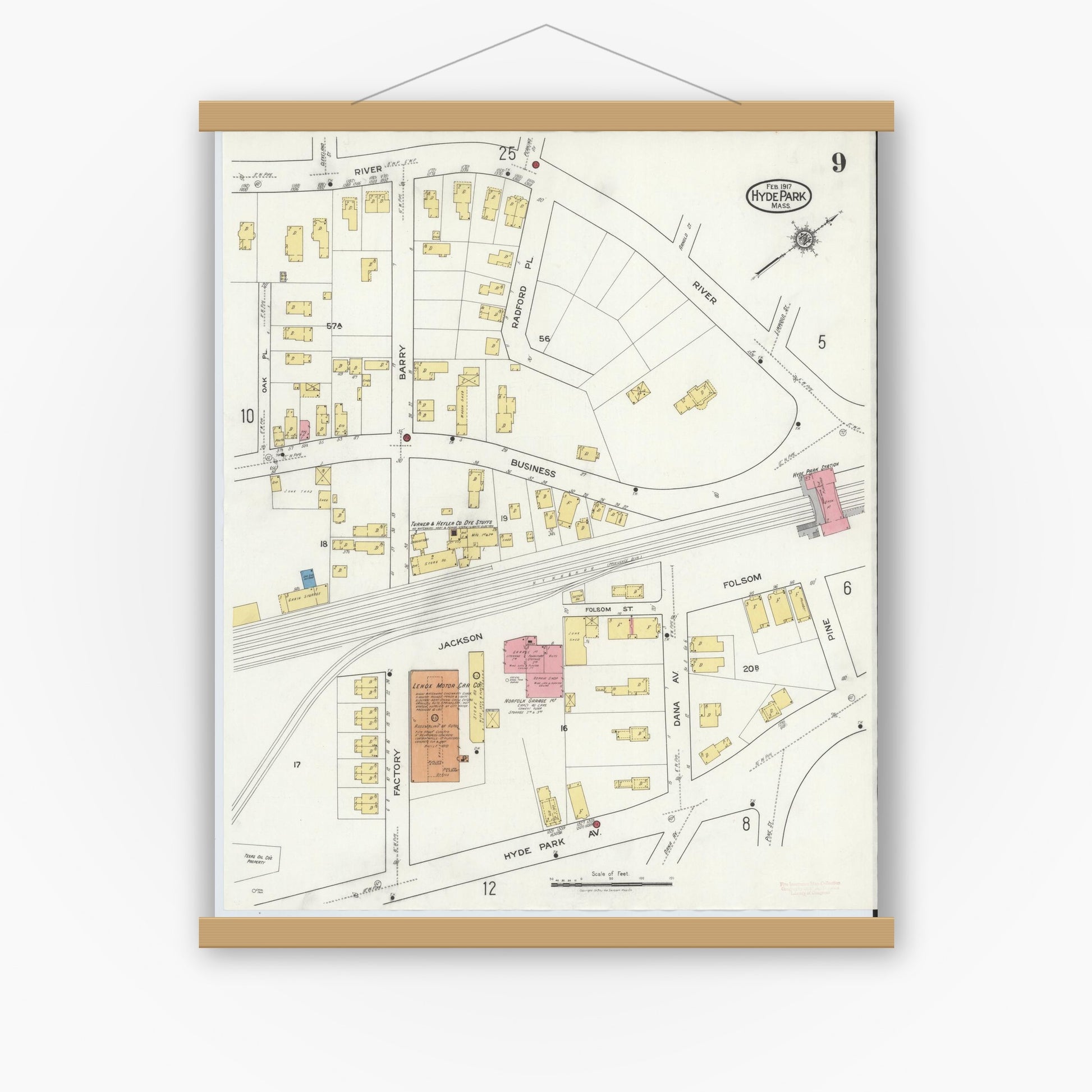Old map wall art mockup — magnetic wood frame on white wall — Sanborn Fire Insurance Map from Hyde Park, Norfolk County, Massachusetts (1917), Sheet #0009