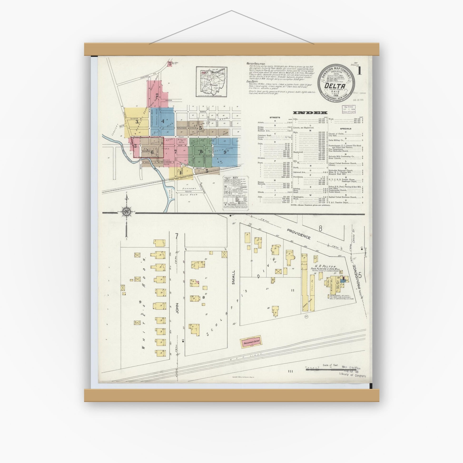 Old map wall art mockup — magnetic wood frame on white wall — Sanborn Fire Insurance Map from Delta, Fulton County, Ohio (1916), Sheet #0001