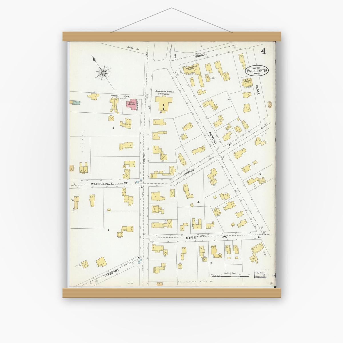 Old map wall art mockup — magnetic wood frame on white wall — Sanborn Fire Insurance Map from Bridgewater, Plymouth County, Massachusetts (1901), Sheet #0004