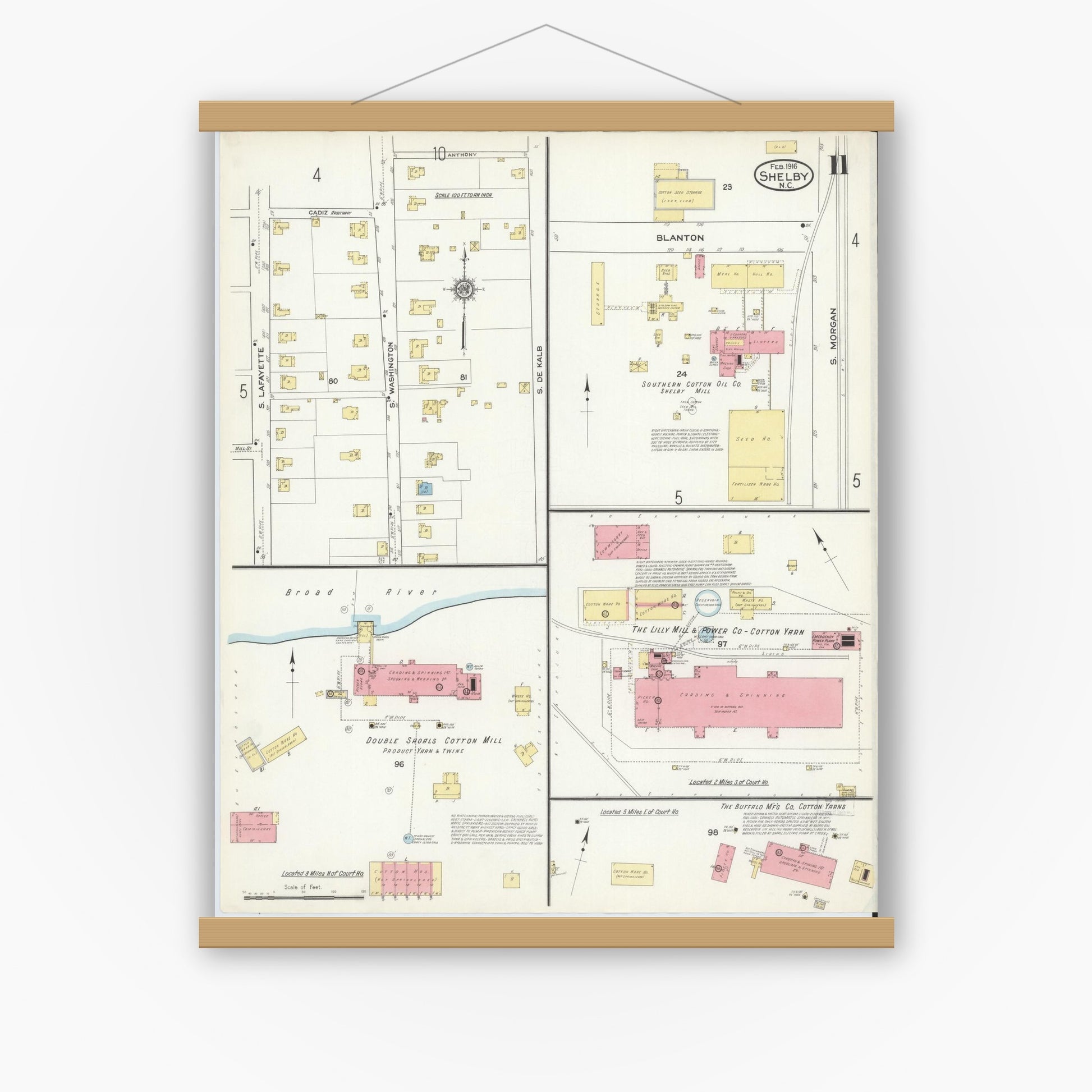 Old map wall art mockup — magnetic wood frame on white wall — Sanborn Fire Insurance Map from Shelby, Cleveland County, North Carolina (1916), Sheet #0011