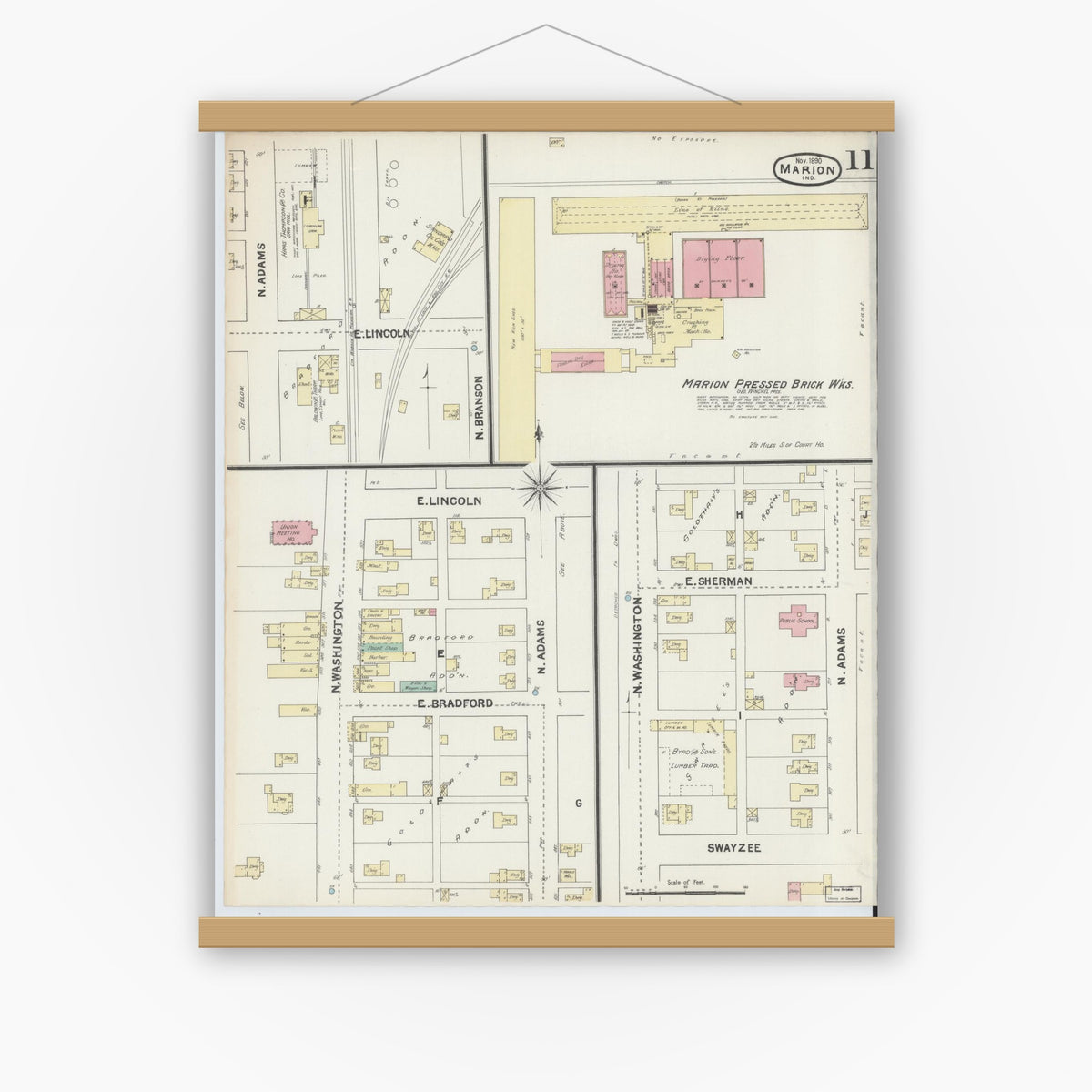 Old map wall art mockup — magnetic wood frame on white wall — Sanborn Fire Insurance Map from Marion, Grant County, Indiana (1890), Sheet #0011