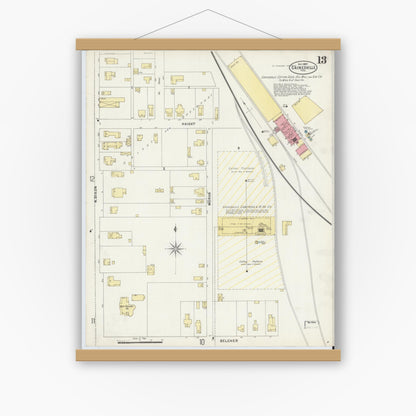 Old map wall art mockup — magnetic wood frame on white wall — Sanborn Fire Insurance Map from Gainesville, Cooke County, Texas (1897), Sheet #0013