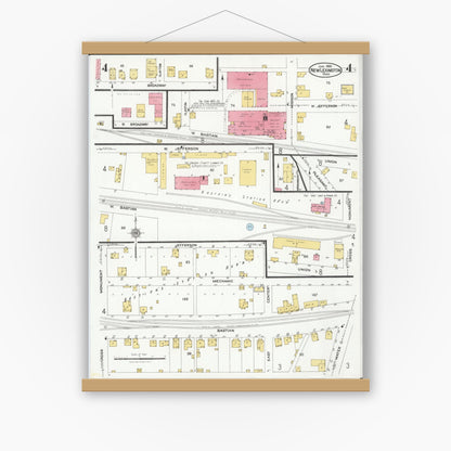 Old map wall art mockup — magnetic wood frame on white wall — Sanborn Fire Insurance Map from New Lexington, Perry County, Ohio (1926), Sheet #0004