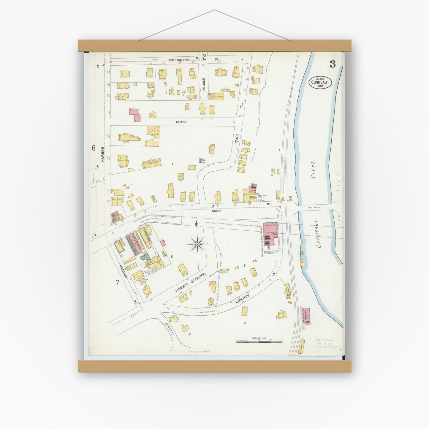 Old map wall art mockup — magnetic wood frame on white wall — Sanborn Fire Insurance Map from Conneaut, Ashtabula County, Ohio (1902), Sheet #0003
