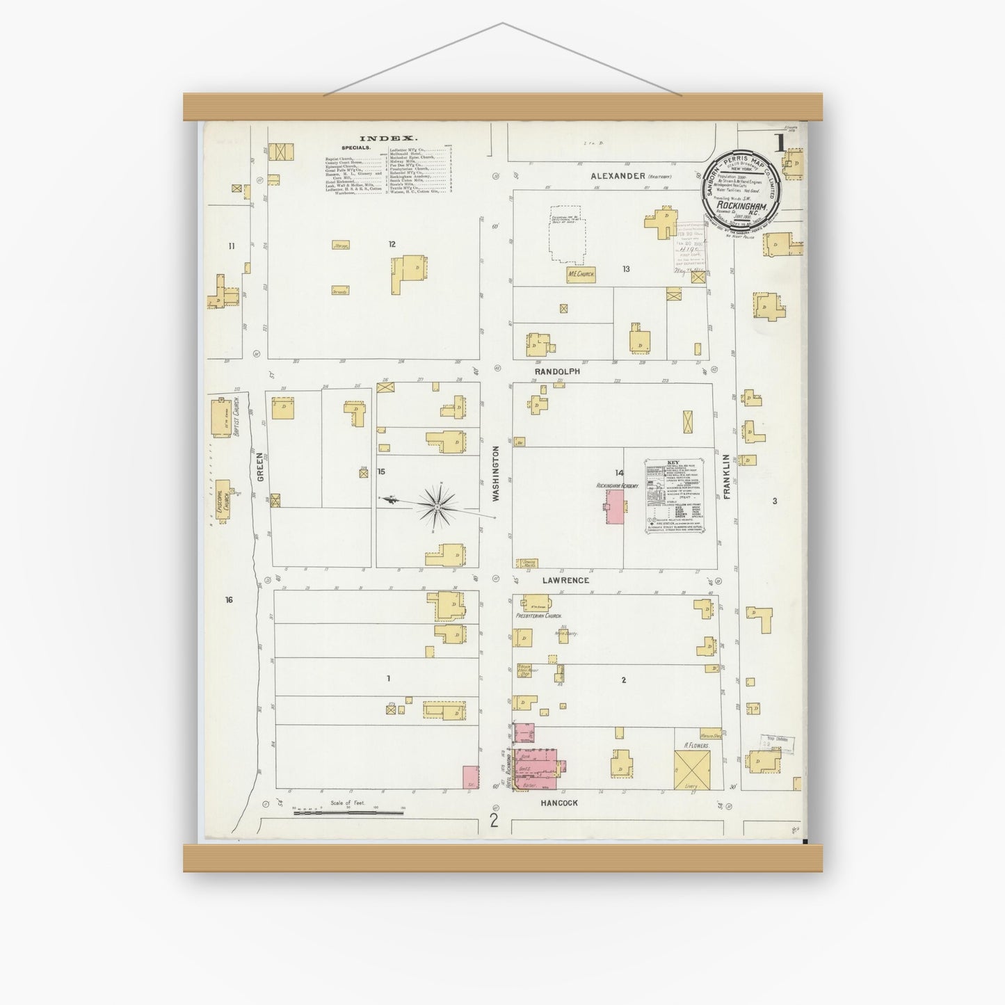 Old map wall art mockup — magnetic wood frame on white wall — Sanborn Fire Insurance Map from Rockingham, Richmond County, North Carolina (1900) - Complete Map Set