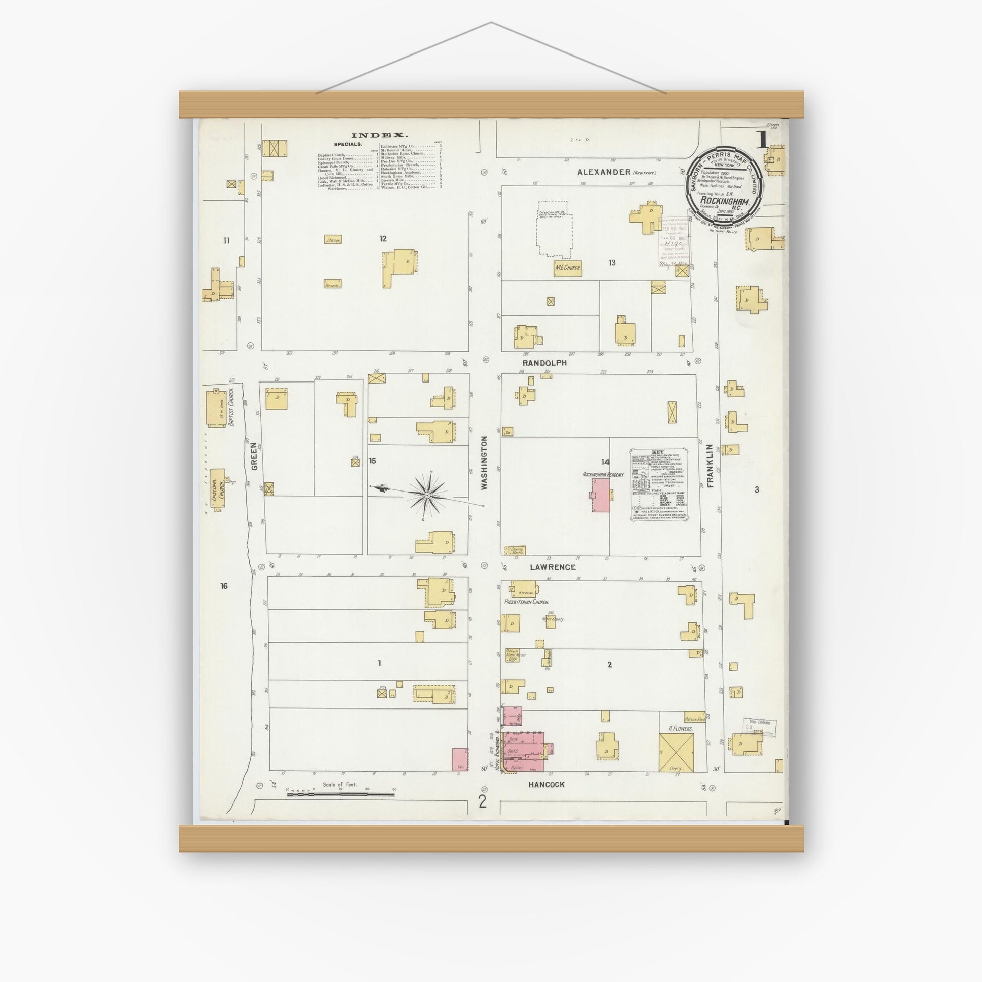 Old map wall art mockup — magnetic wood frame on white wall — Sanborn Fire Insurance Map from Rockingham, Richmond County, North Carolina (1900) - Complete Map Set