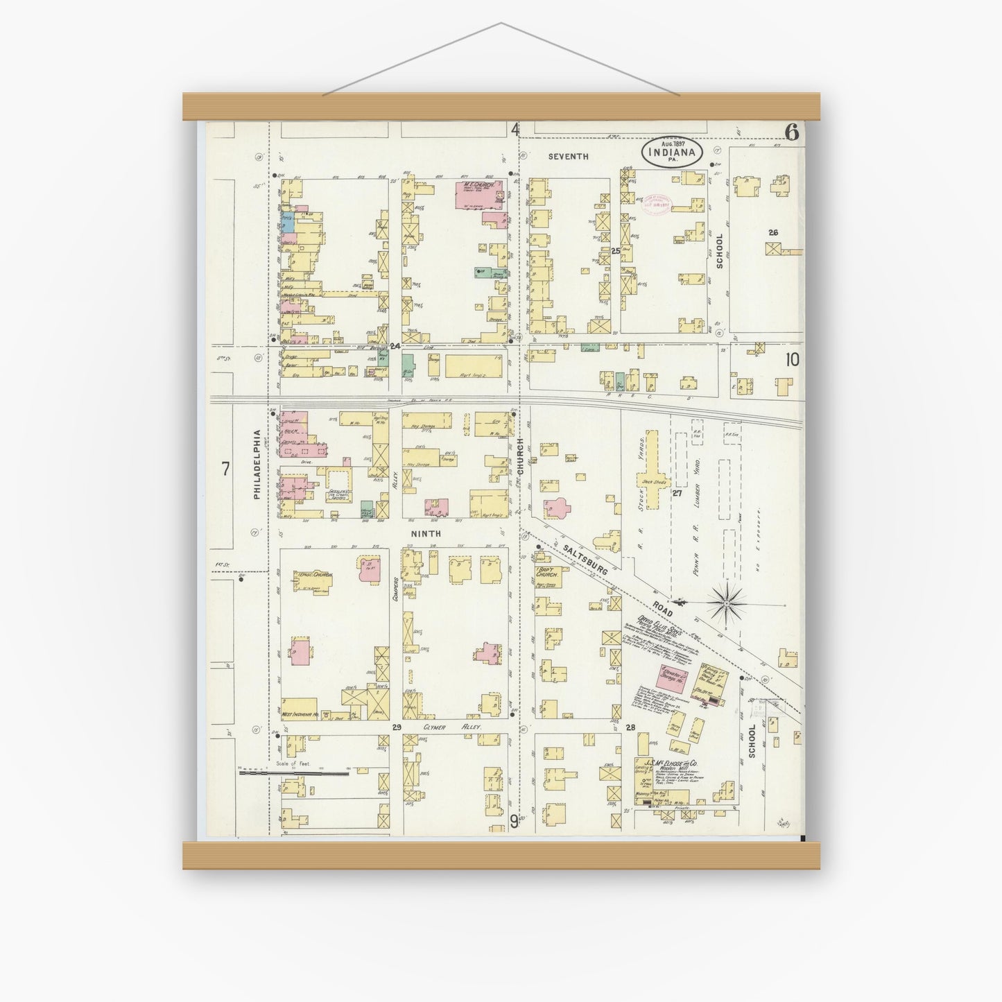 Old map wall art mockup — magnetic wood frame on white wall — Sanborn Fire Insurance Map from Indiana, Indiana County, Pennsylvania (1888), Sheet #0006