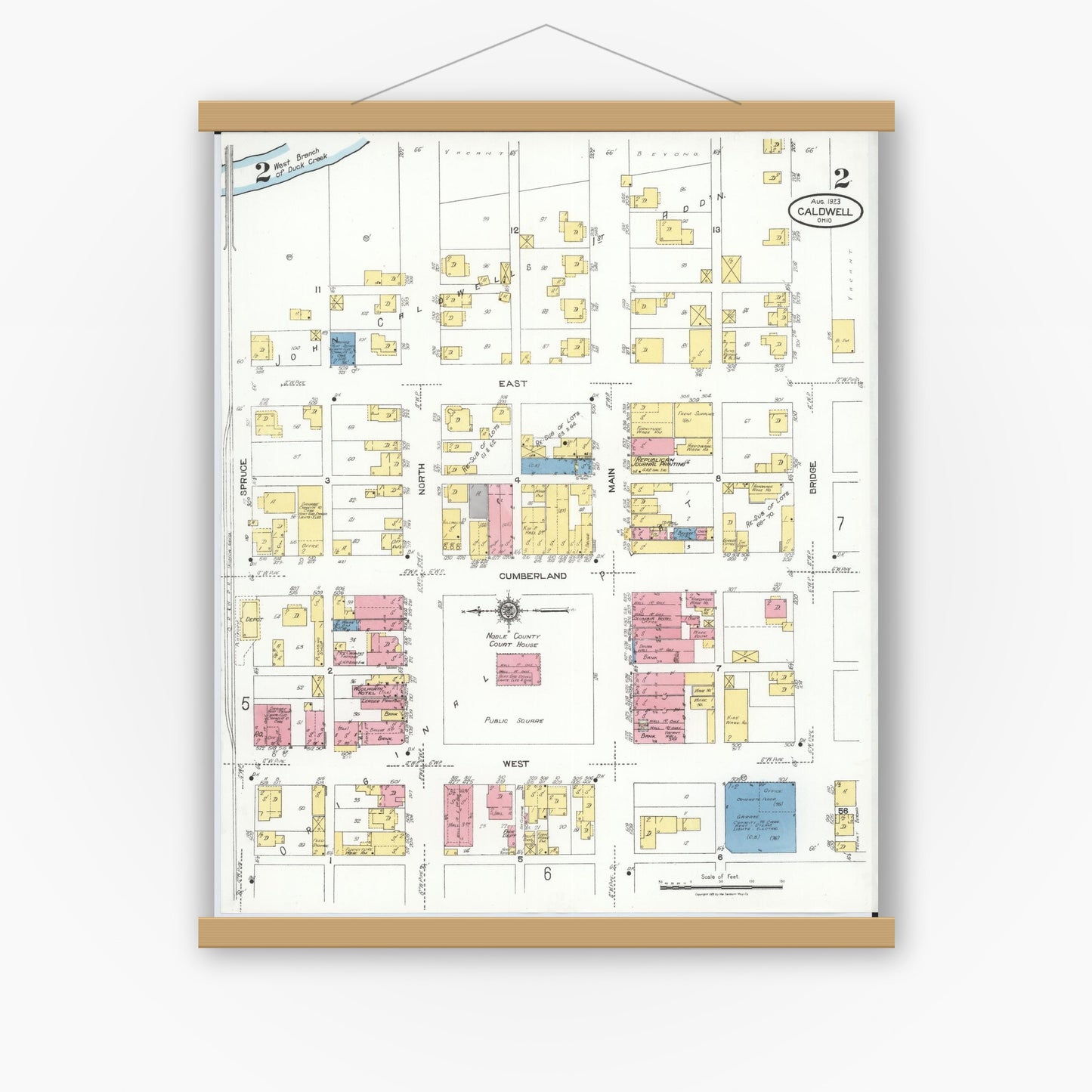 Old map wall art mockup — magnetic wood frame on white wall — Sanborn Fire Insurance Map from Caldwell, Noble County, Ohio (1923), Sheet #0002