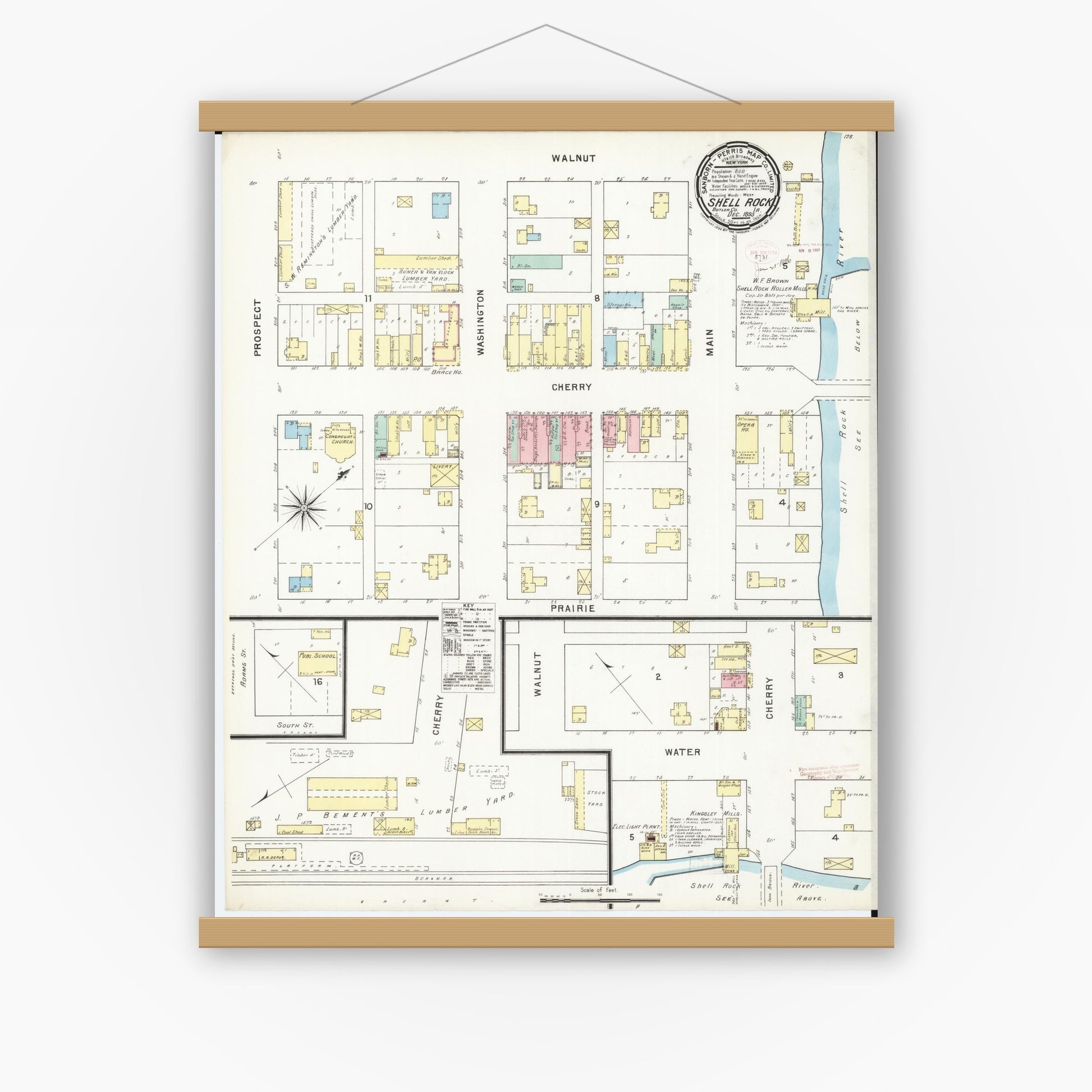 Old map wall art mockup — magnetic wood frame on white wall — Sanborn Fire Insurance Map from Shell Rock, Butler County, Iowa (1895), Sheet #0001