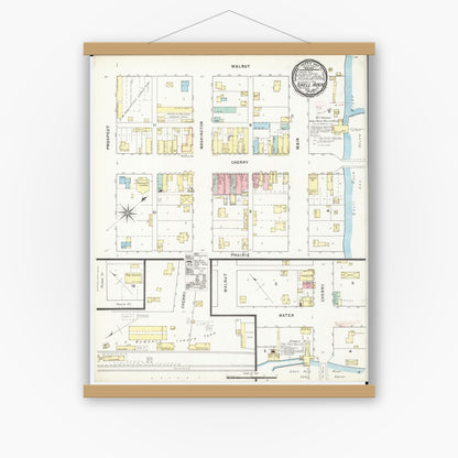Old map wall art mockup — magnetic wood frame on white wall — Sanborn Fire Insurance Map from Shell Rock, Butler County, Iowa (1895), Sheet #0001