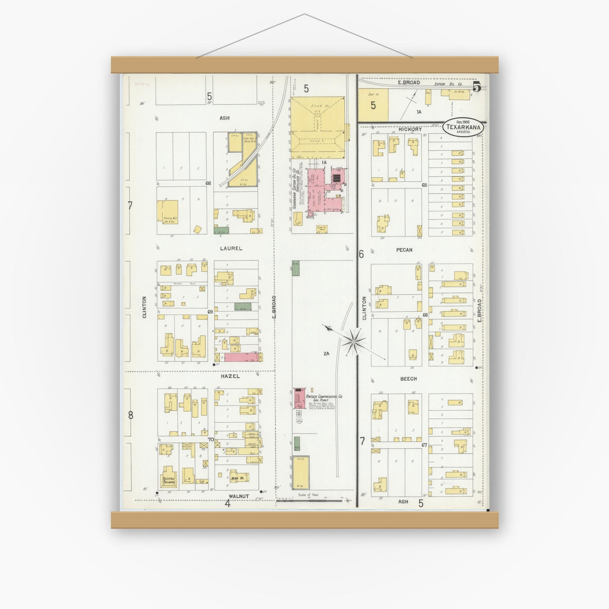 Old map wall art mockup — magnetic wood frame on white wall — Sanborn Fire Insurance Map from Texarkana, Bowie County, Texas (1900), Sheet #0005