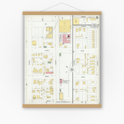 Old map wall art mockup — magnetic wood frame on white wall — Sanborn Fire Insurance Map from Texarkana, Bowie County, Texas (1900), Sheet #0005