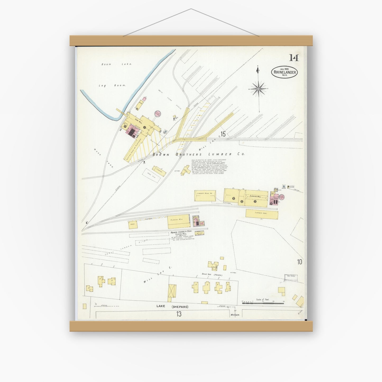 Old map wall art mockup — magnetic wood frame on white wall — Sanborn Fire Insurance Map from Rhinelander, Oneida County, Wisconsin (1908), Sheet #0014
