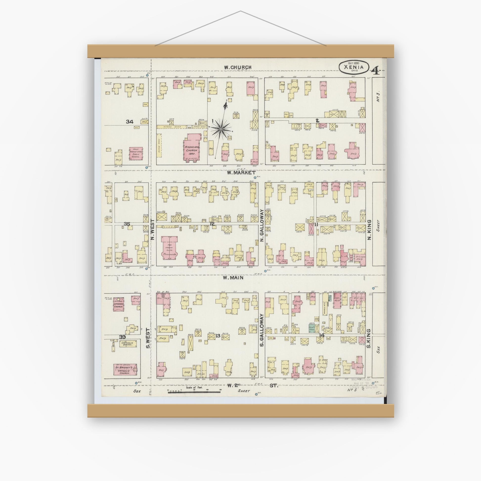 Old map wall art mockup — magnetic wood frame on white wall — Sanborn Fire Insurance Map from Xenia, Greene County, Ohio (1890), Sheet #0004