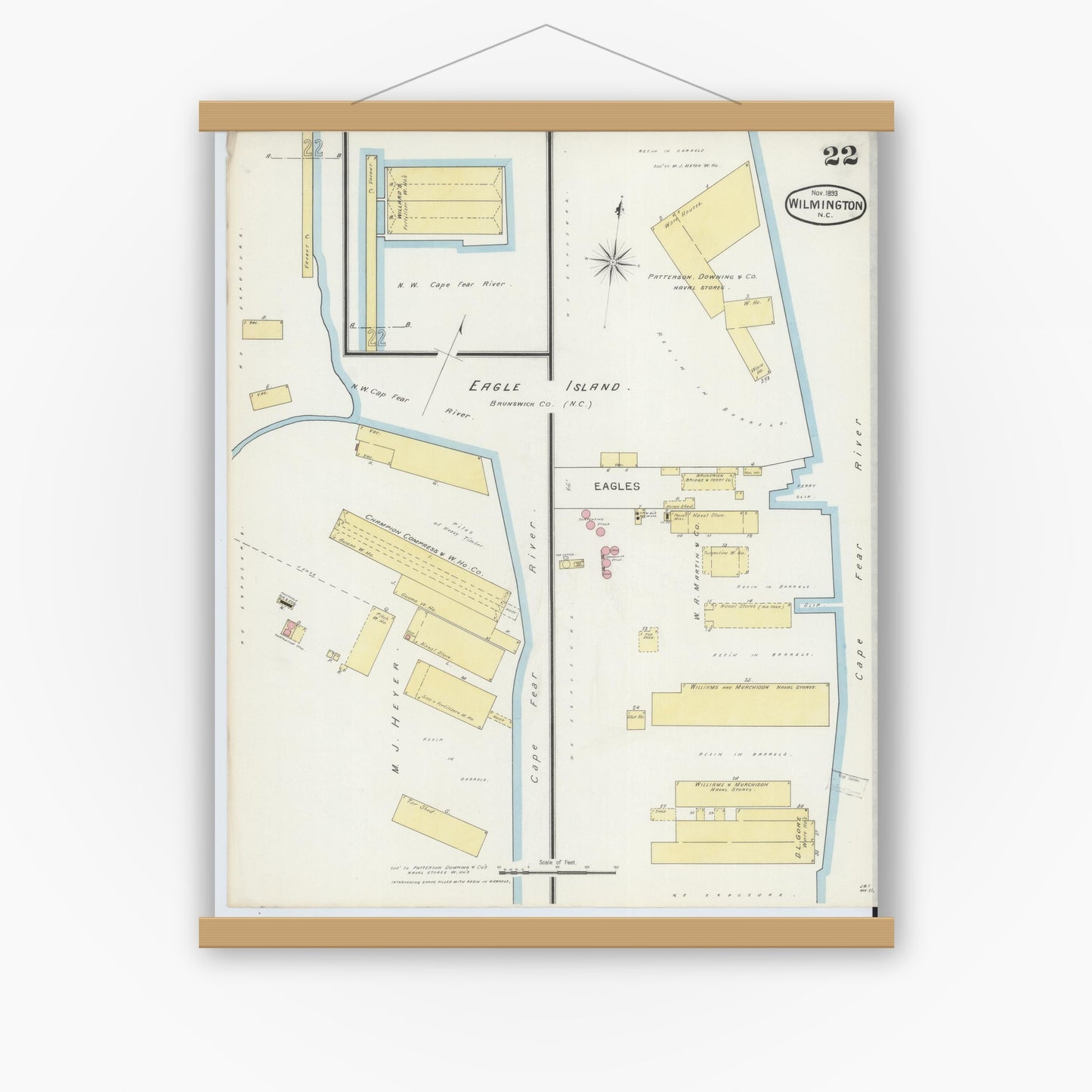 Old map wall art mockup — magnetic wood frame on white wall — Sanborn Fire Insurance Map from Wilmington, New Hanover County, North Carolina (1893), Sheet #0022