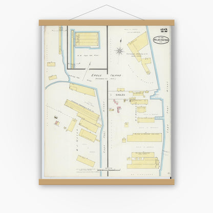 Old map wall art mockup — magnetic wood frame on white wall — Sanborn Fire Insurance Map from Wilmington, New Hanover County, North Carolina (1893), Sheet #0022