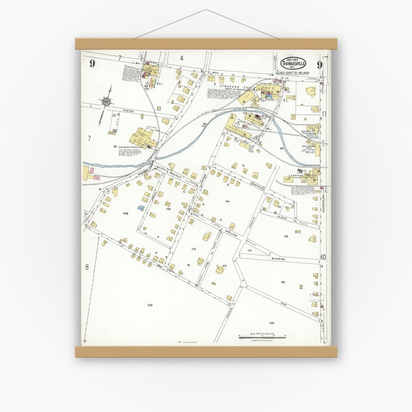 Old map wall art mockup — magnetic wood frame on white wall — Sanborn Fire Insurance Map from Thomasville, Davidson County, North Carolina (1923), Sheet #0009