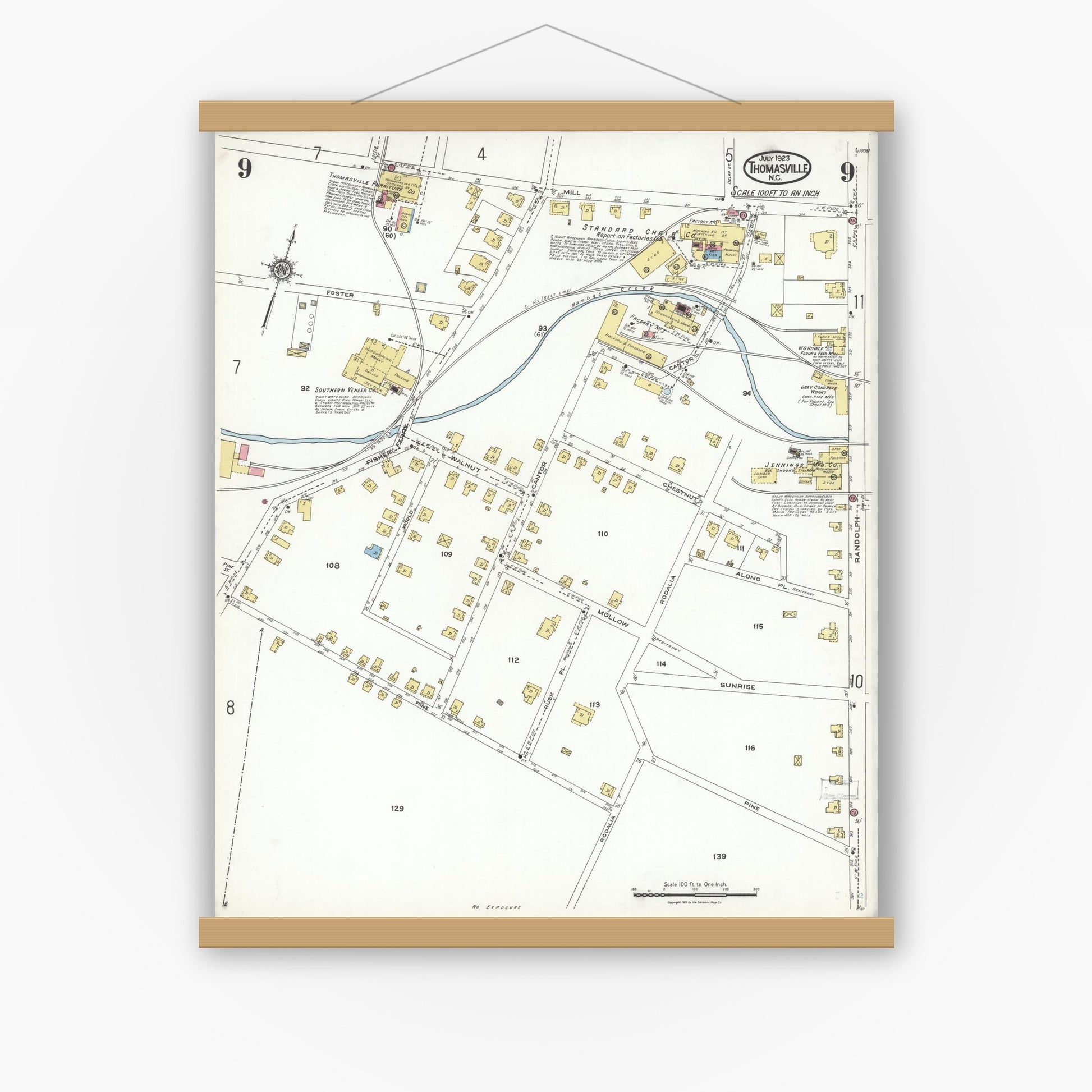 Old map wall art mockup — magnetic wood frame on white wall — Sanborn Fire Insurance Map from Thomasville, Davidson County, North Carolina (1923), Sheet #0009