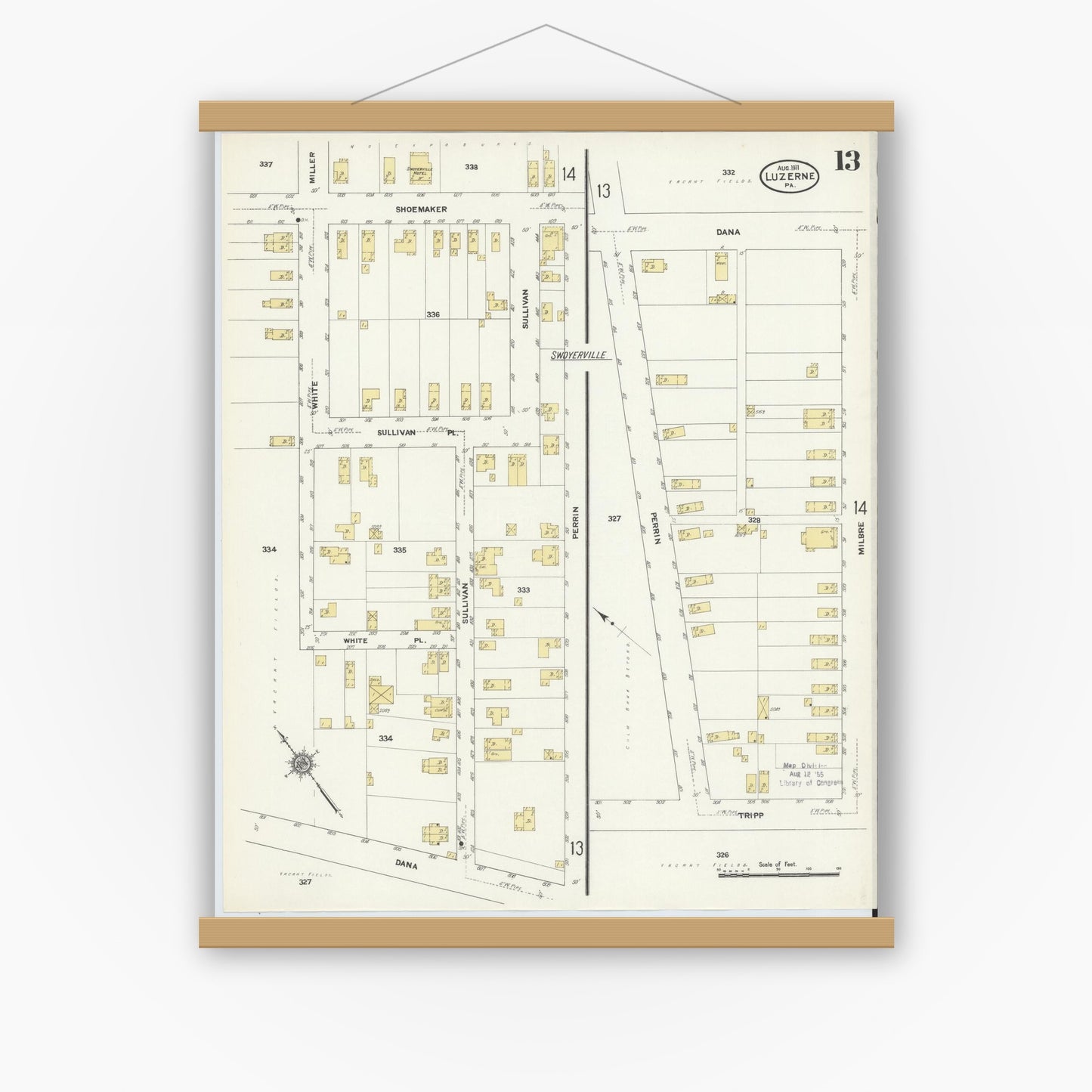 Old map wall art mockup — magnetic wood frame on white wall — Sanborn Fire Insurance Map from Luzerne, Luzerne County, Pennsylvania (1911), Sheet #0013